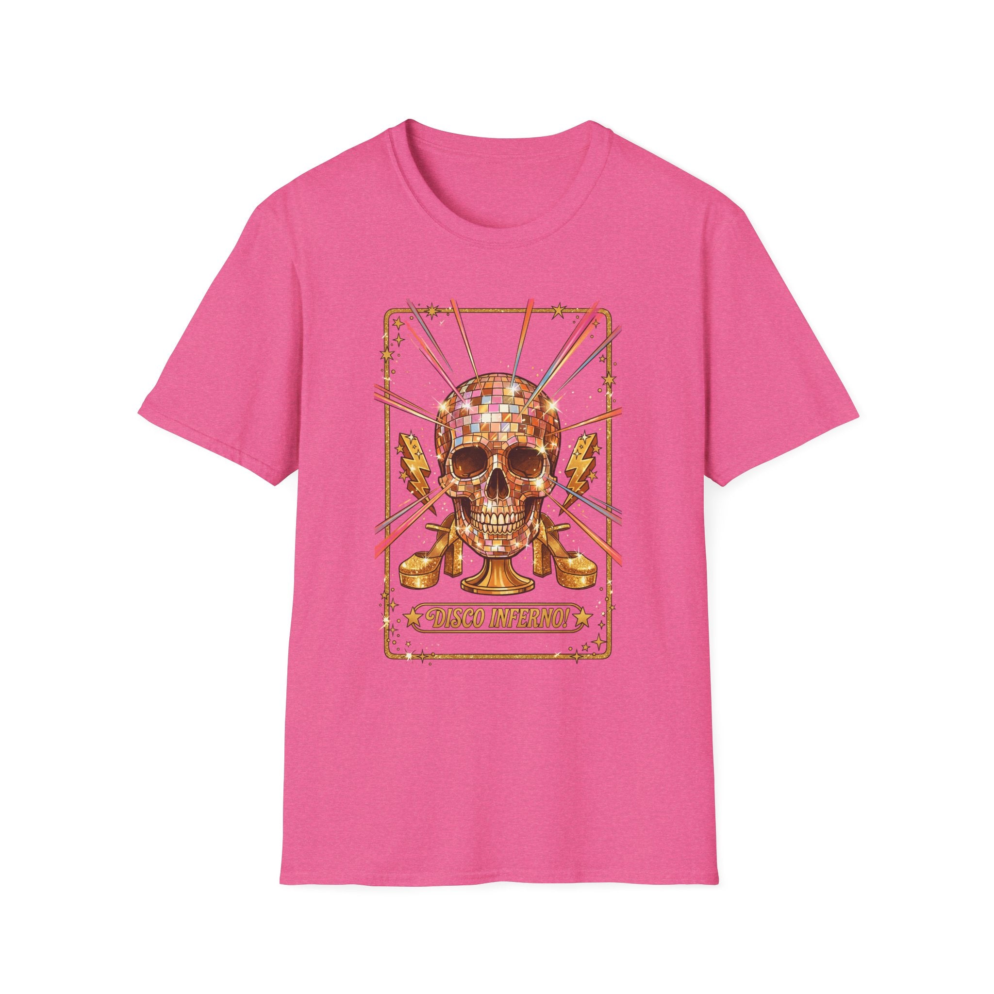 Disco Inferno Skull T-Shirt, pink—retro skull with disco ball crown and title text