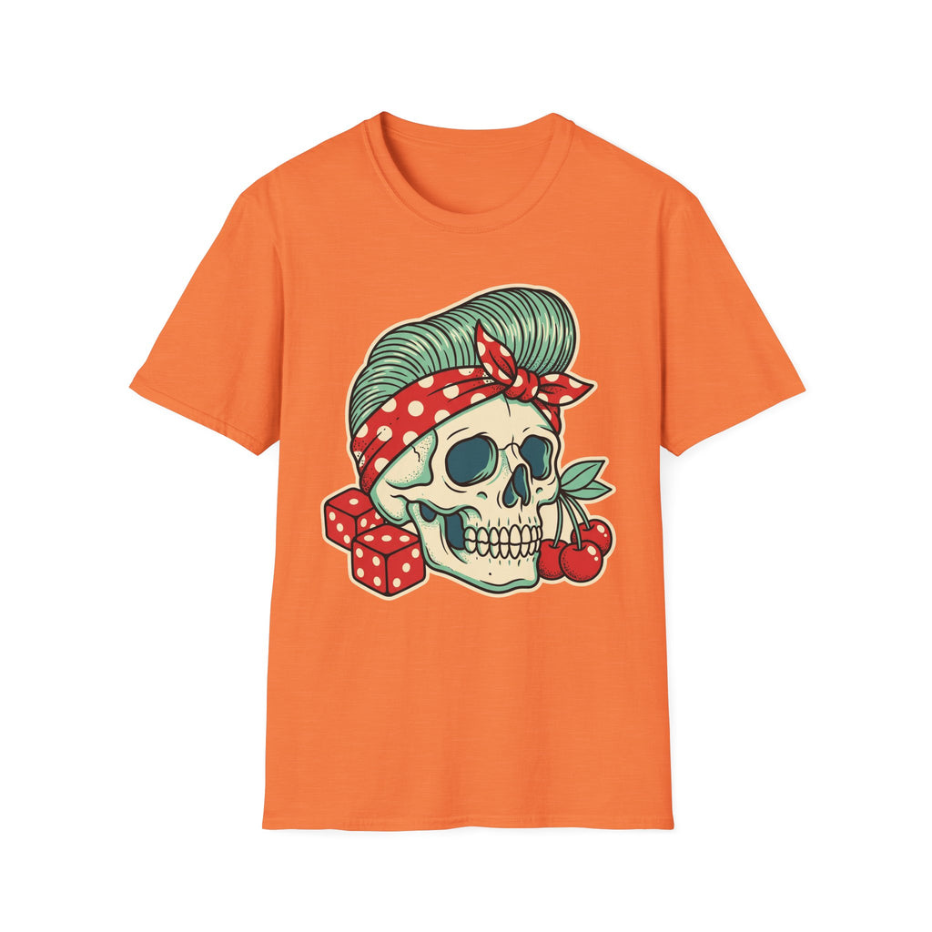 Orange rockabilly T-shirt with green sugar skull wearing a red polka-dot bandana and cherries