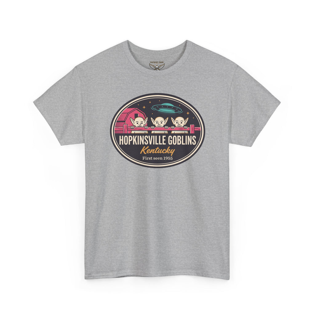 Gray crewneck T-shirt with round UFO goblin logo graphic on the chest