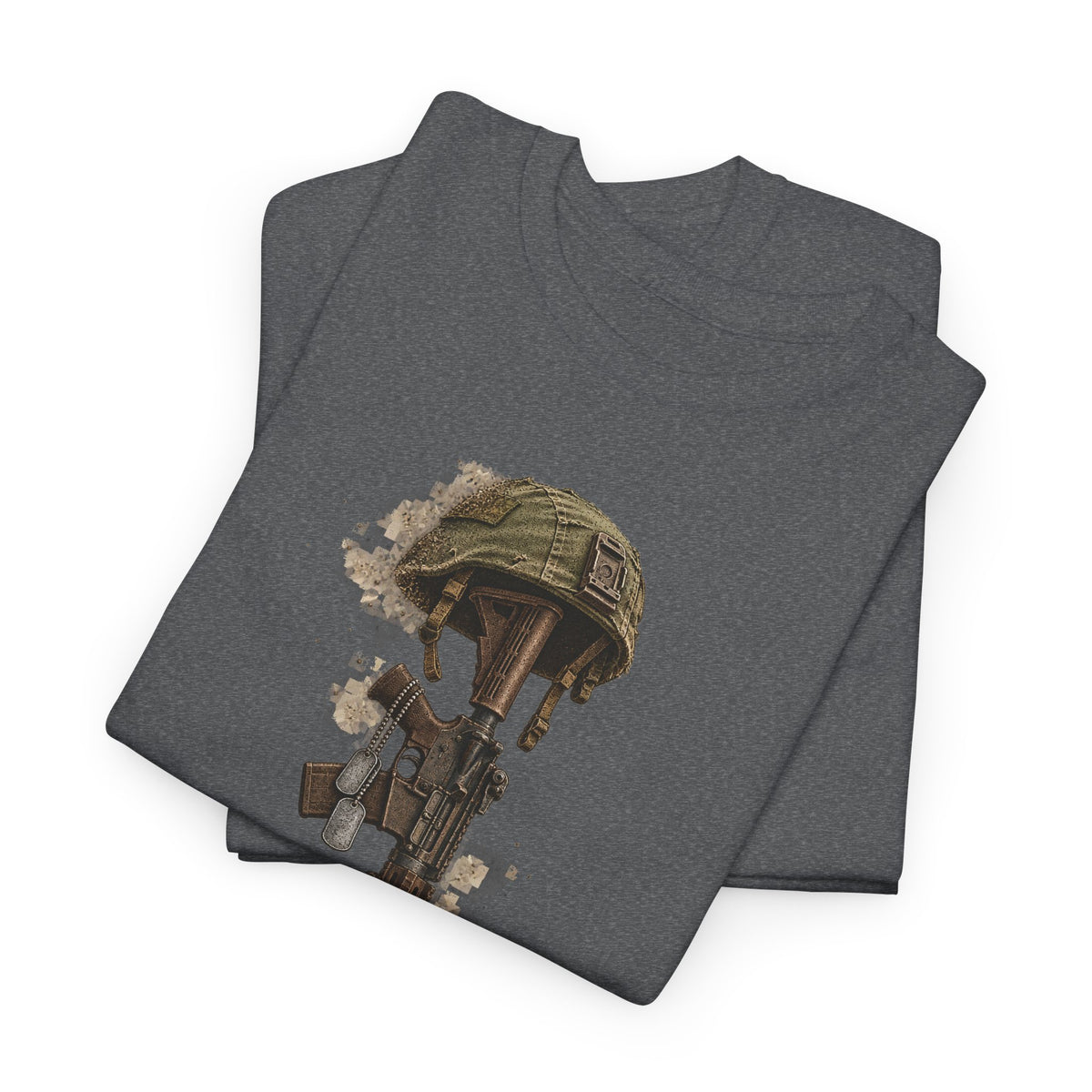 Dark heather grey memorial tribute t-shirt with printed fallen soldier helmet and boots graphic