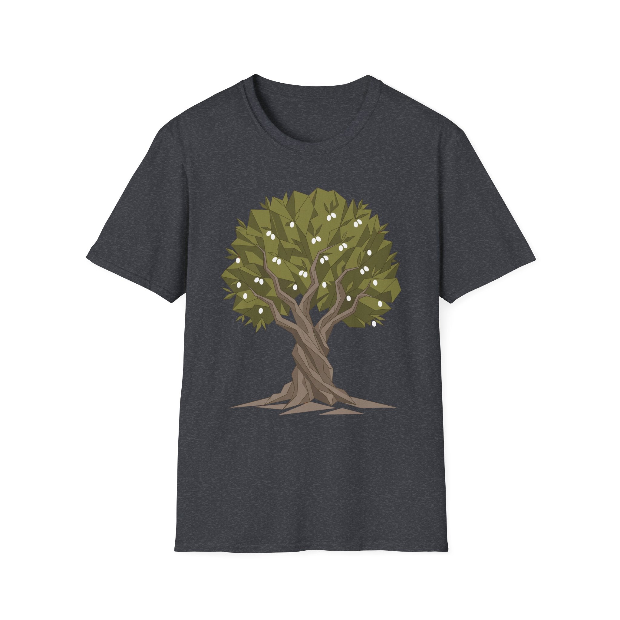Twisted Olive Tree T-Shirt in dark charcoal with twisted tree graphic and olive canopy