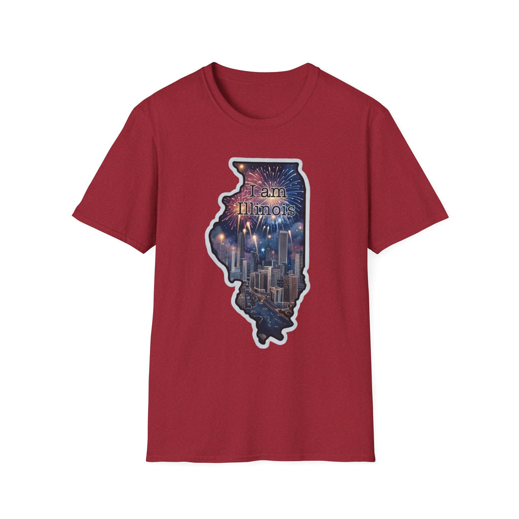 Illinois Skyline state map T-shirt in dark red with colorful fireworks city graphic