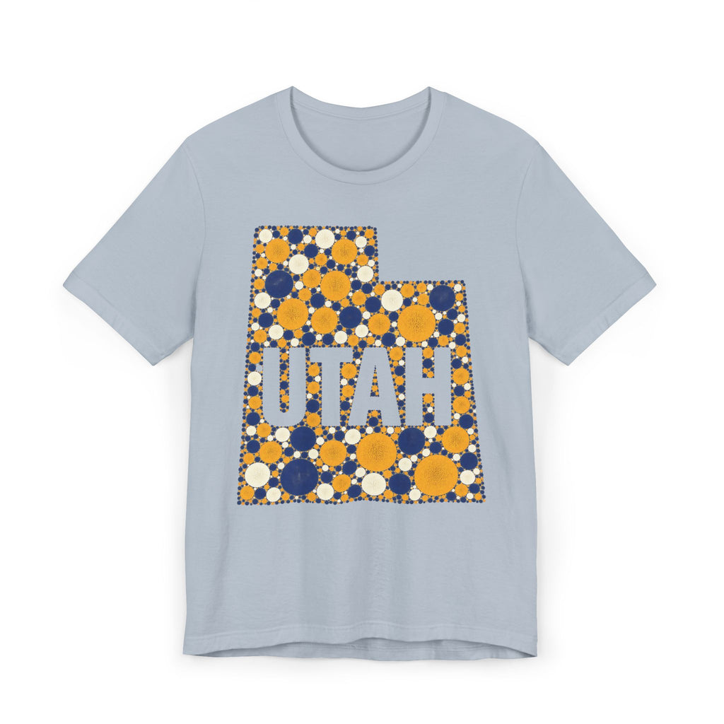 Light blue crewneck T-shirt with multicolor polka-dot Utah map graphic
