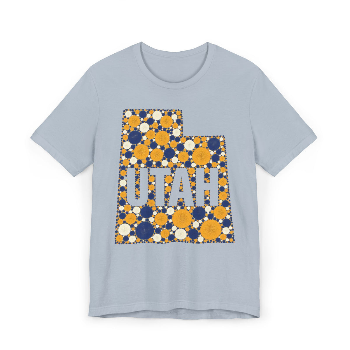 Light blue crewneck T-shirt with multicolor polka-dot Utah map graphic