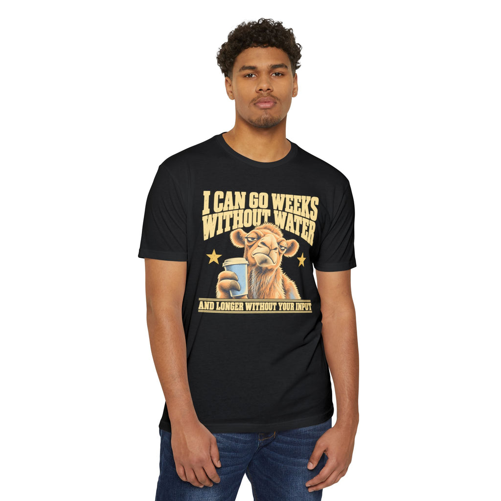 Black crewneck graphic t-shirt with camel motif, stars, and slogan text