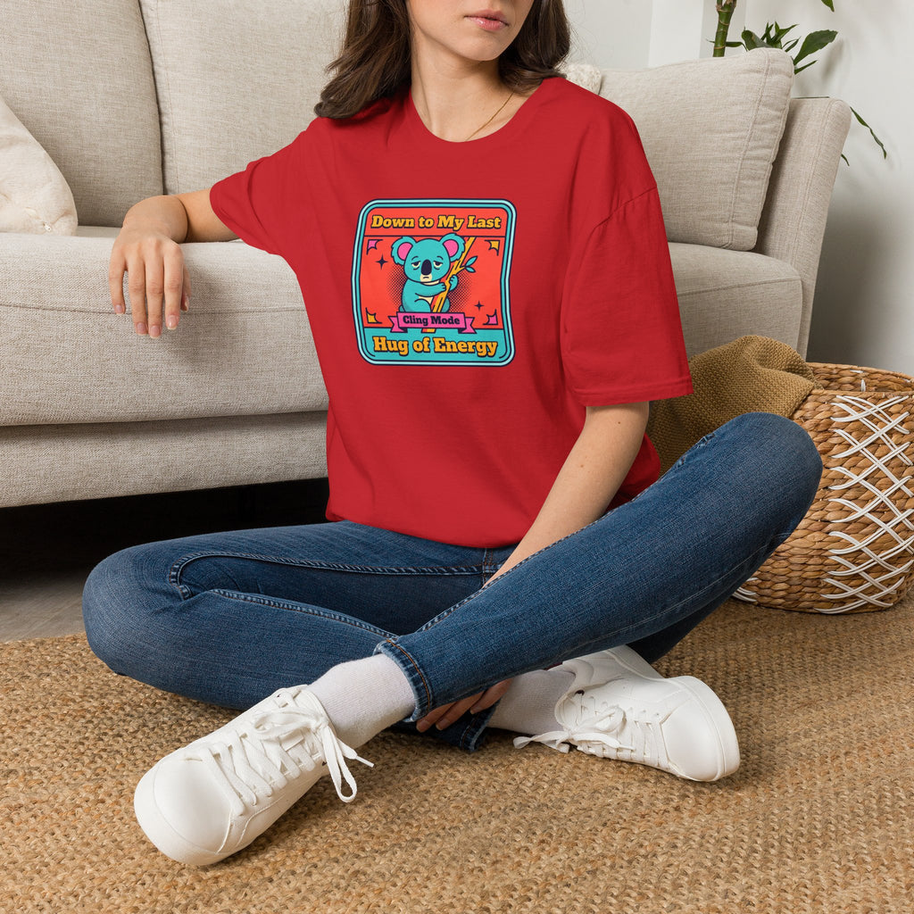 Red graphic T-shirt with koala hug energy badge chest print, short-sleeve crew neck