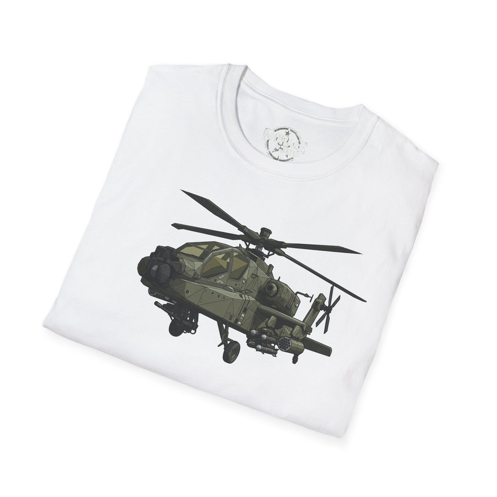 AH-64 Apache T-shirt in white, folded with full helicopter design