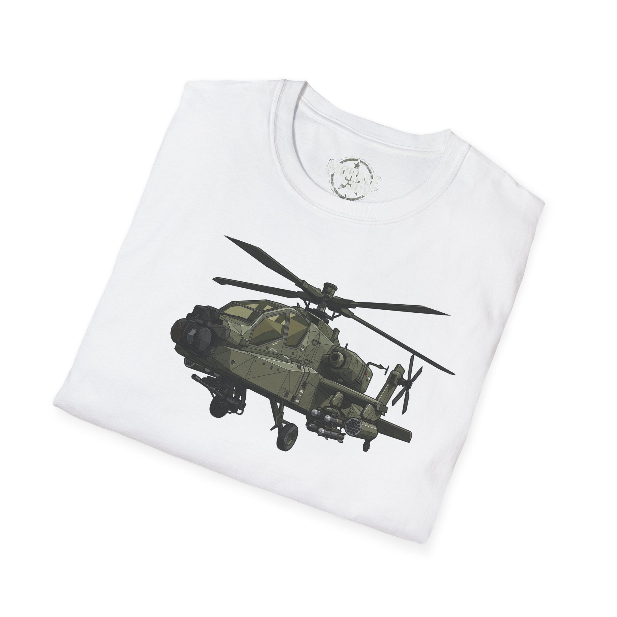 AH-64 Apache T-shirt in white, folded with full helicopter design