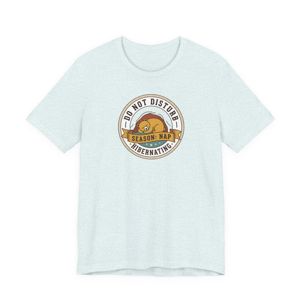 Aqua T-shirt with hibernating bear "Do Not Disturb" circular graphic on chest