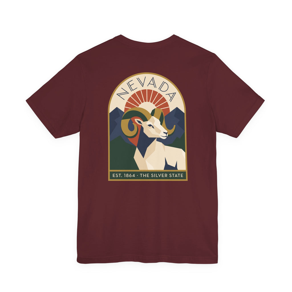 Maroon crewneck T-shirt with Nevada bighorn sheep art deco graphic on front