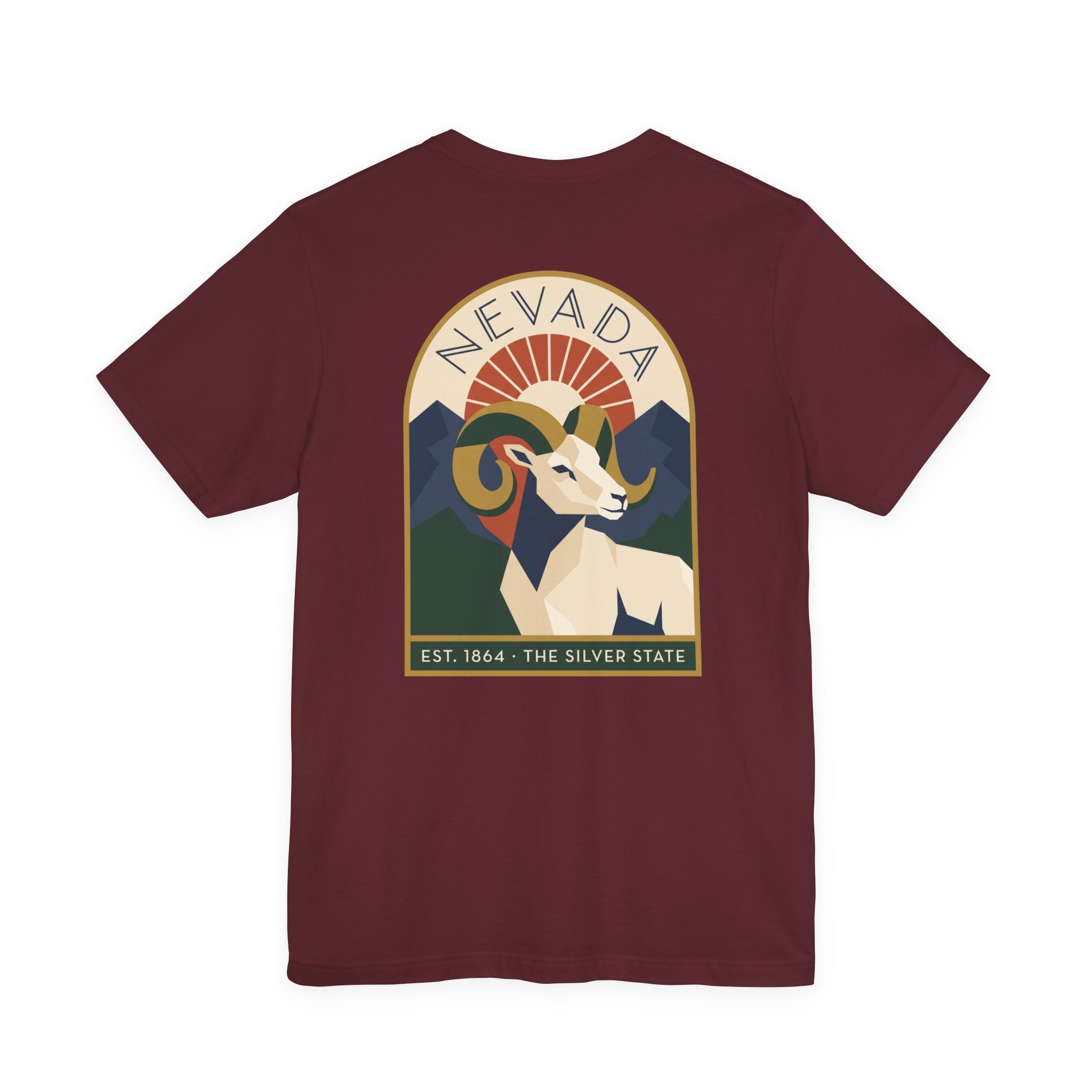 Maroon crewneck T-shirt with Nevada bighorn sheep art deco graphic on front