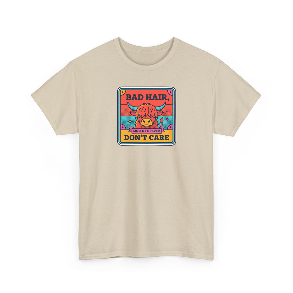Sand crewneck T-shirt with colorful “BAD HAIR, DON’T CARE” cow graphic on front