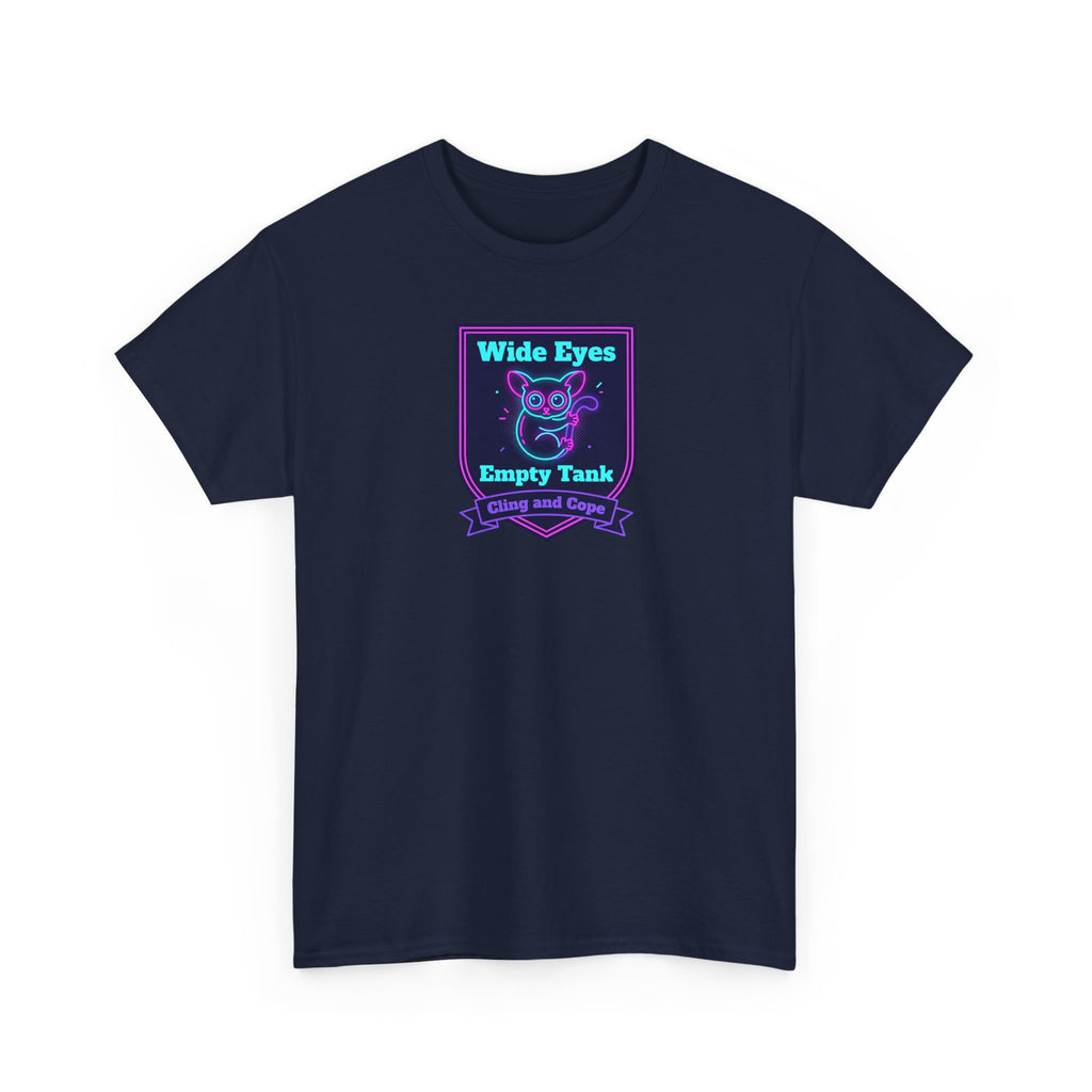 Dark navy crewneck T-shirt with neon rectangular chest graphic and text