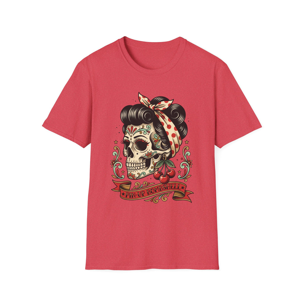 Pink crewneck T-shirt with sugar skull pinup face artwork at center front