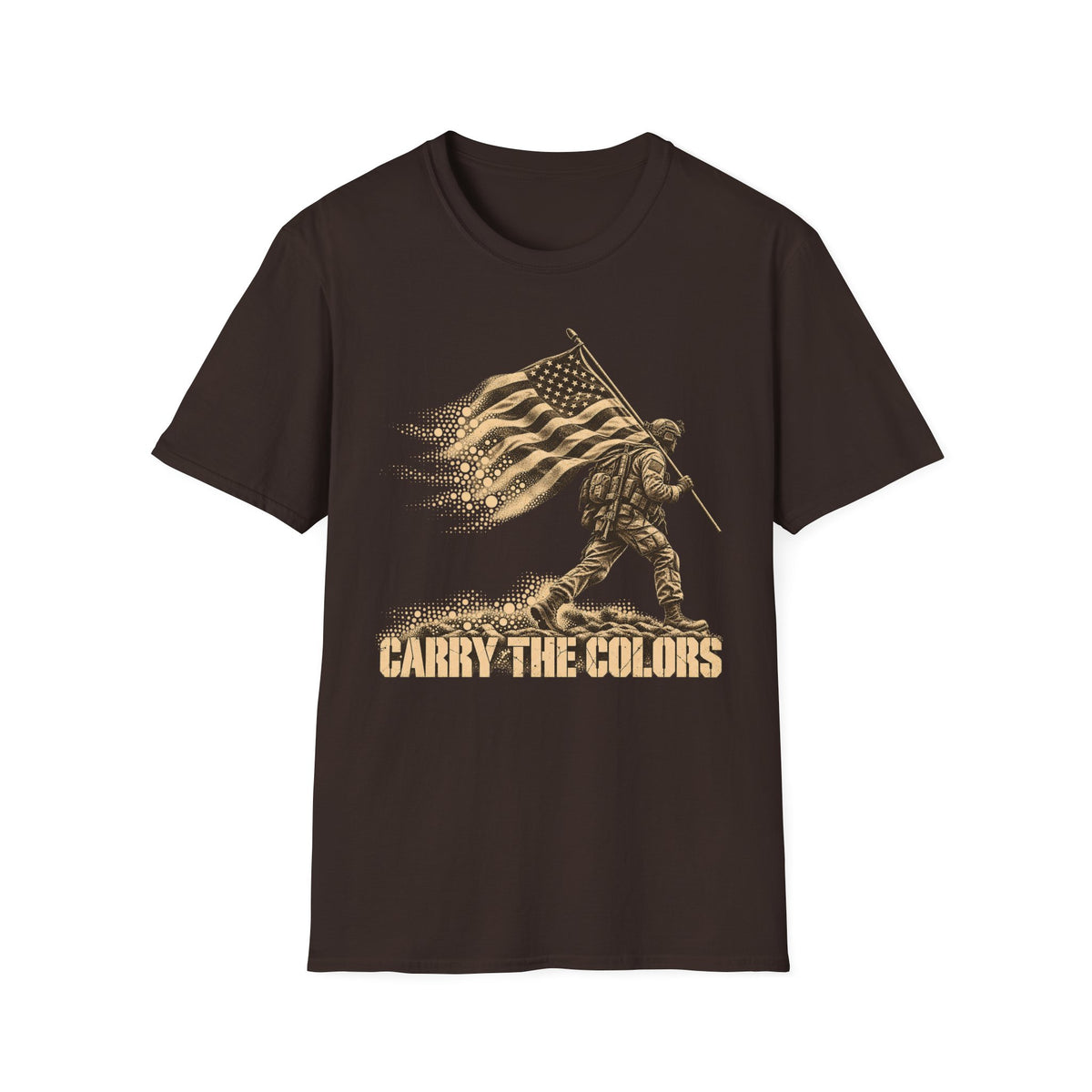 Dark brown t-shirt with gold soldier carrying flag graphic and “CARRY THE COLORS” text