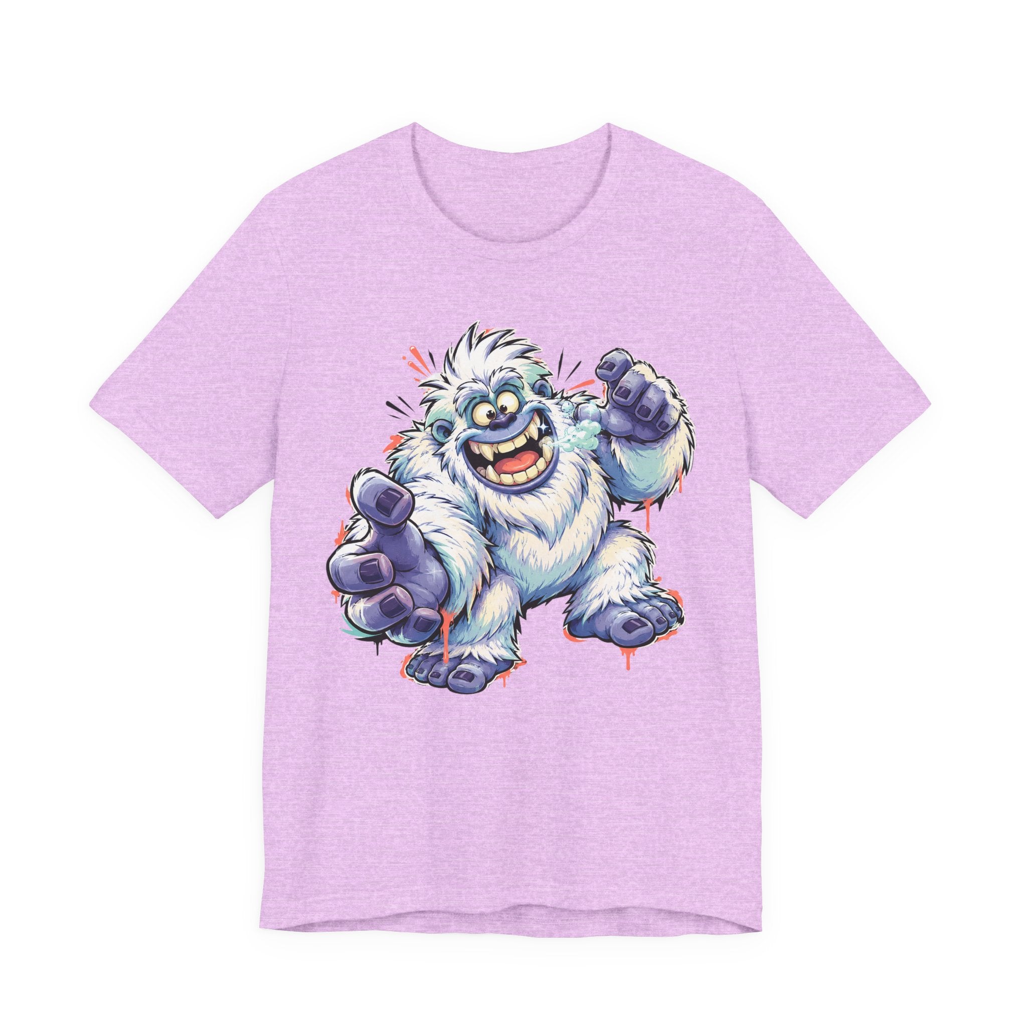 Lavender monster t-shirt with cartoon yeti creature graphic waving and grinning