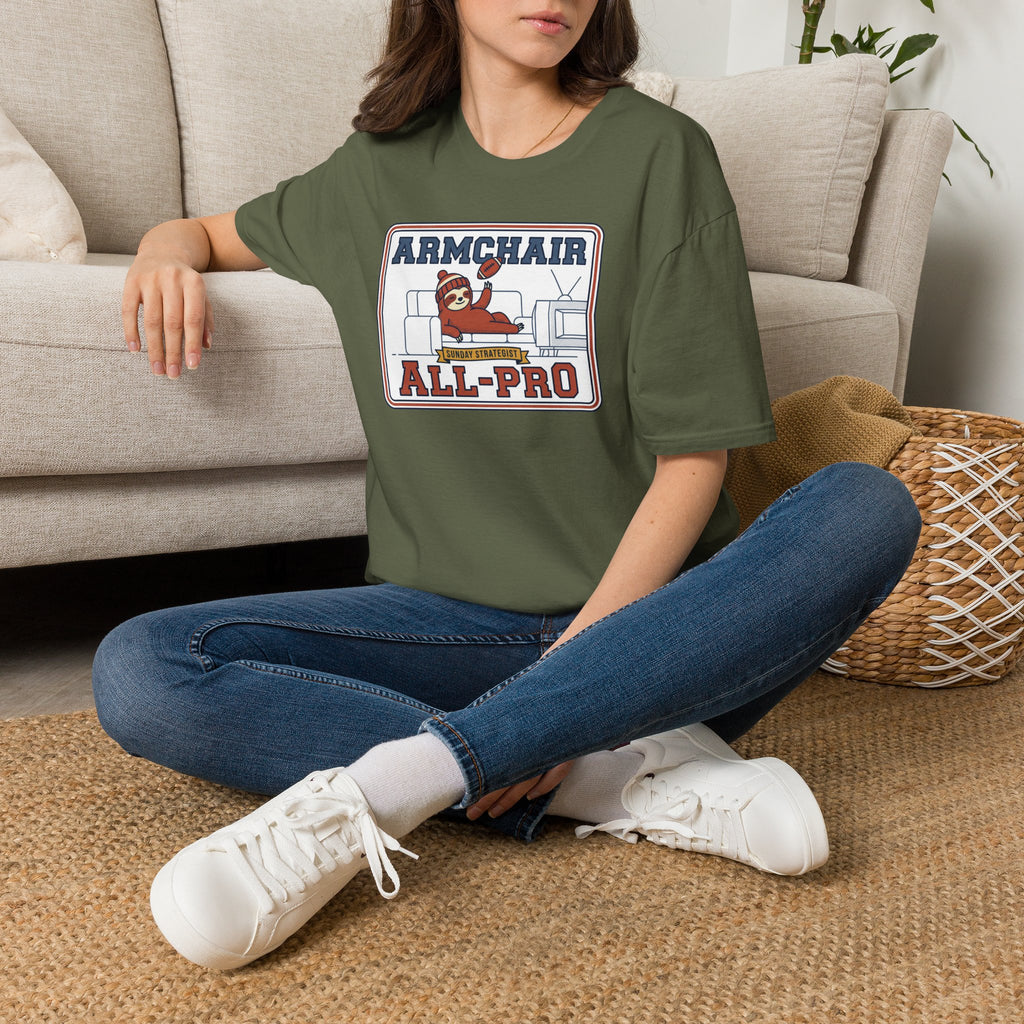 Olive green crew-neck T-shirt with Armchair All-Pro graphic on chest