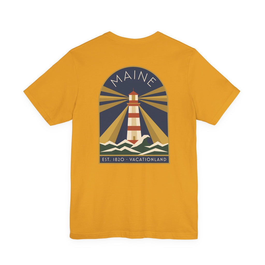 Mustard crewneck T-shirt with vintage lighthouse graphic in circular badge
