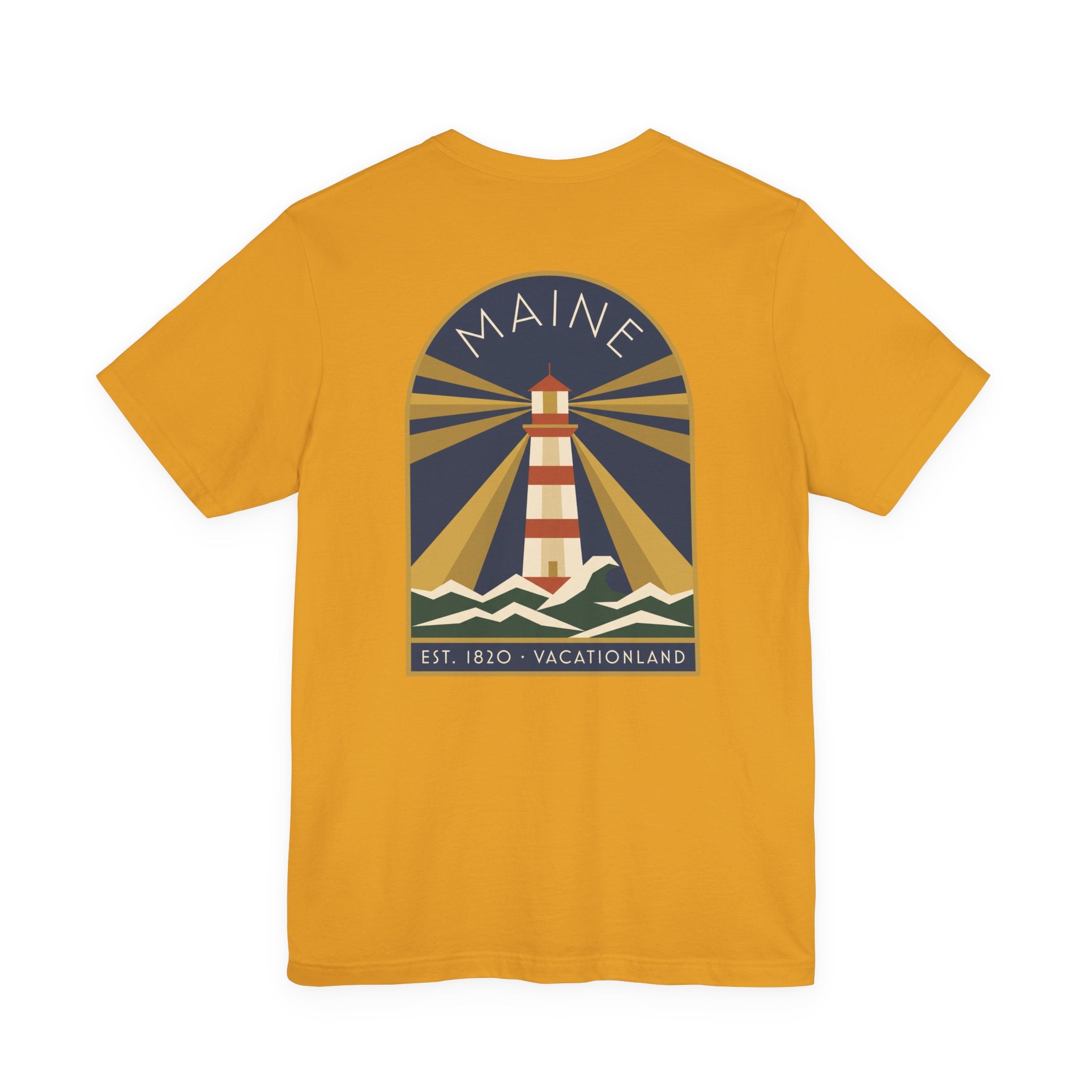 Mustard crewneck T-shirt with vintage lighthouse graphic in circular badge