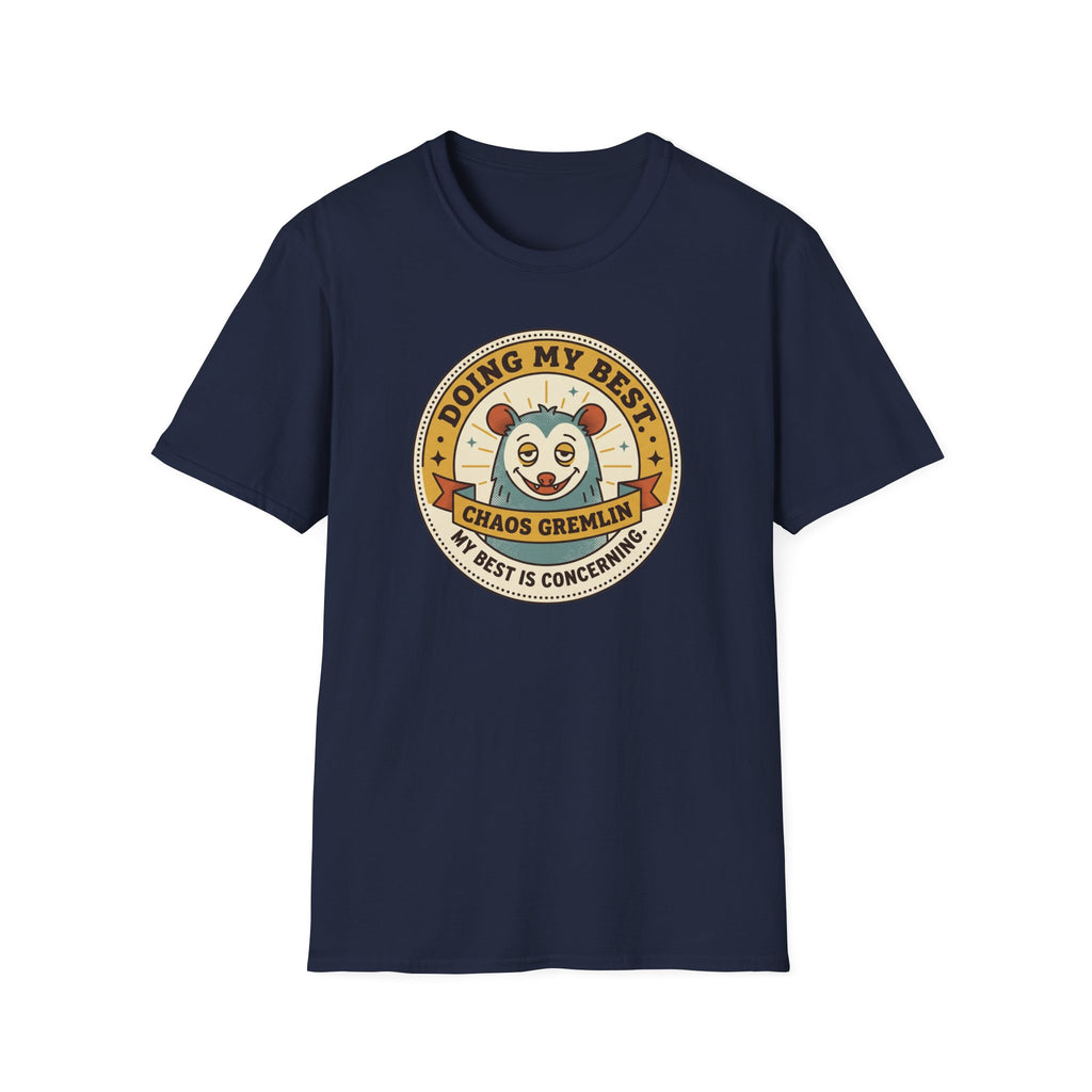 Navy crew-neck T-shirt with round 'Doing My Best Chaos Gremlin' cartoon badge