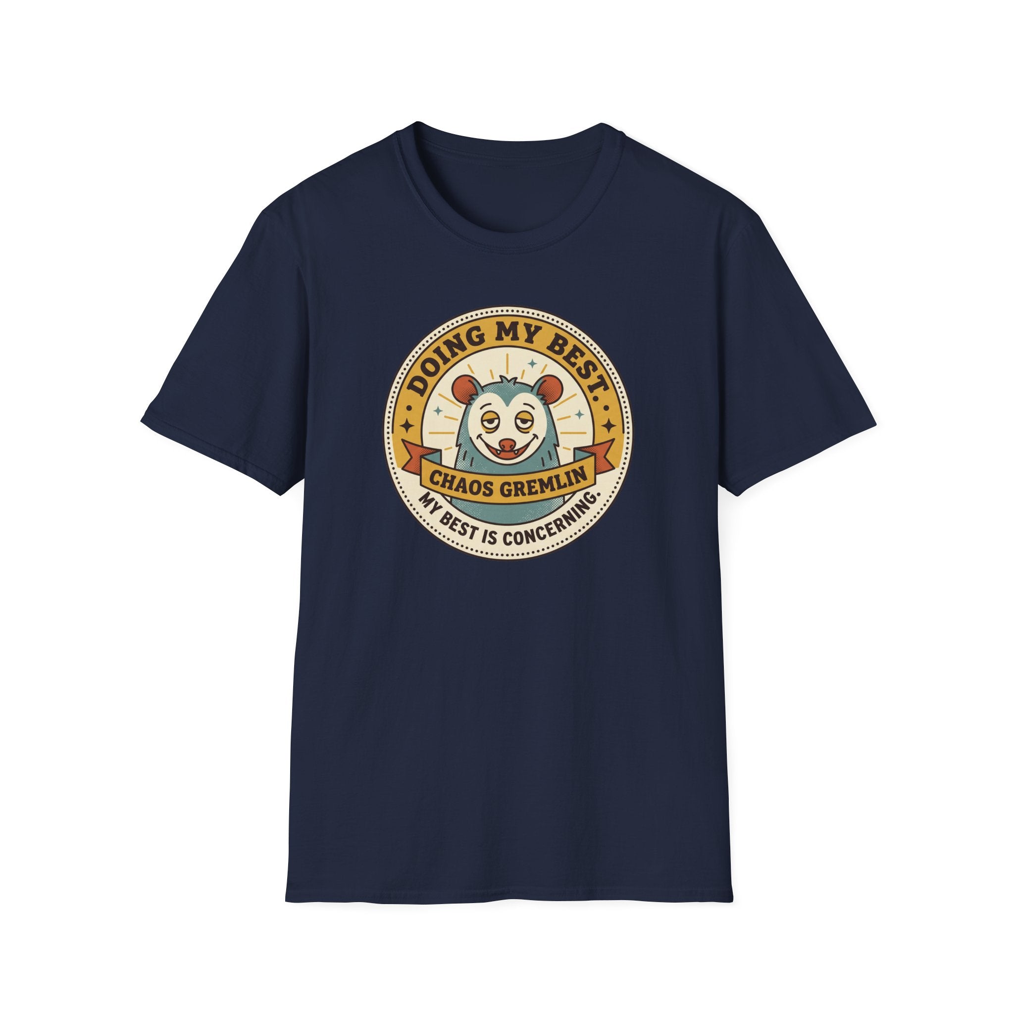 Navy crew-neck T-shirt with round 'Doing My Best Chaos Gremlin' cartoon badge