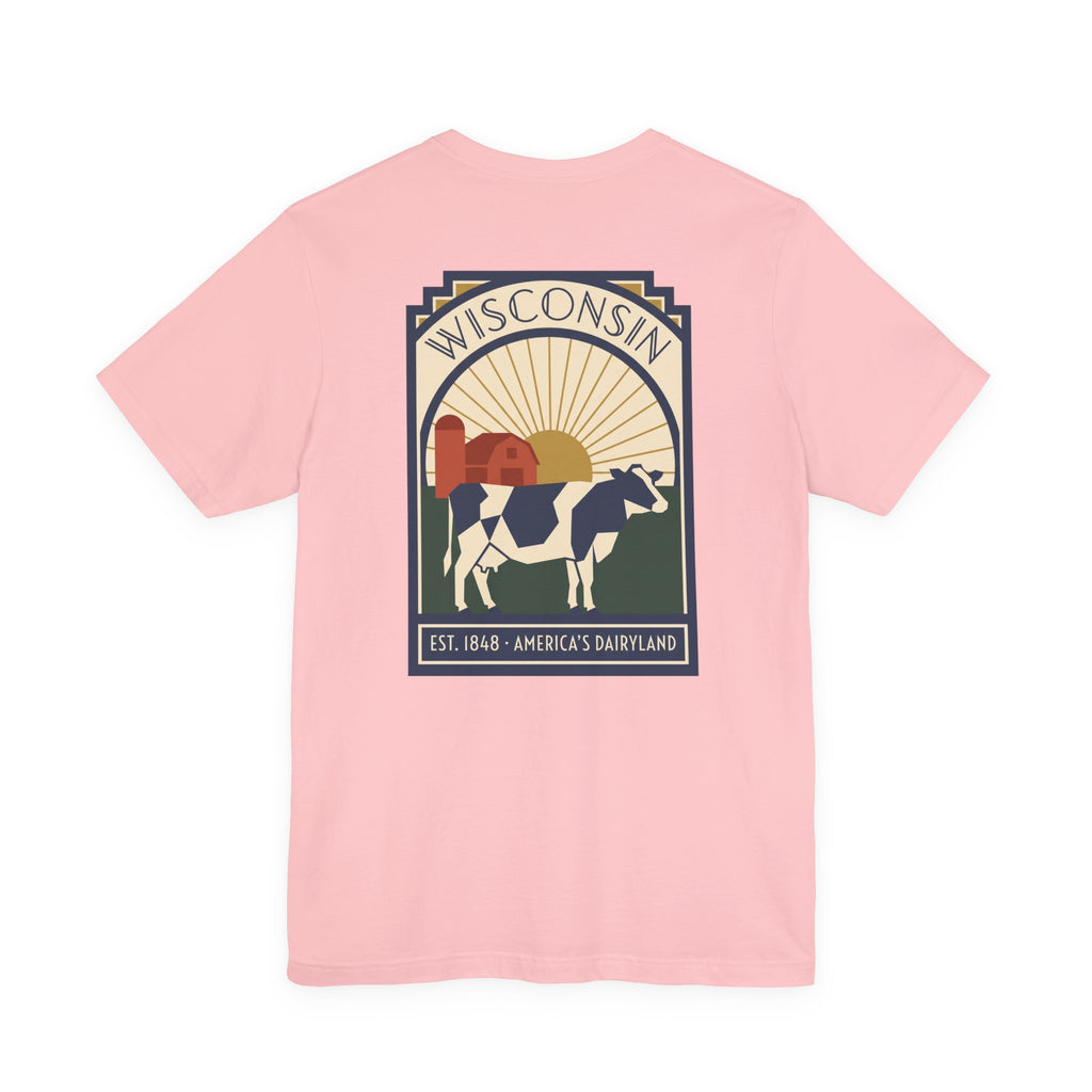 Light pink T-shirt with Wisconsin art deco cow square graphic, short sleeves