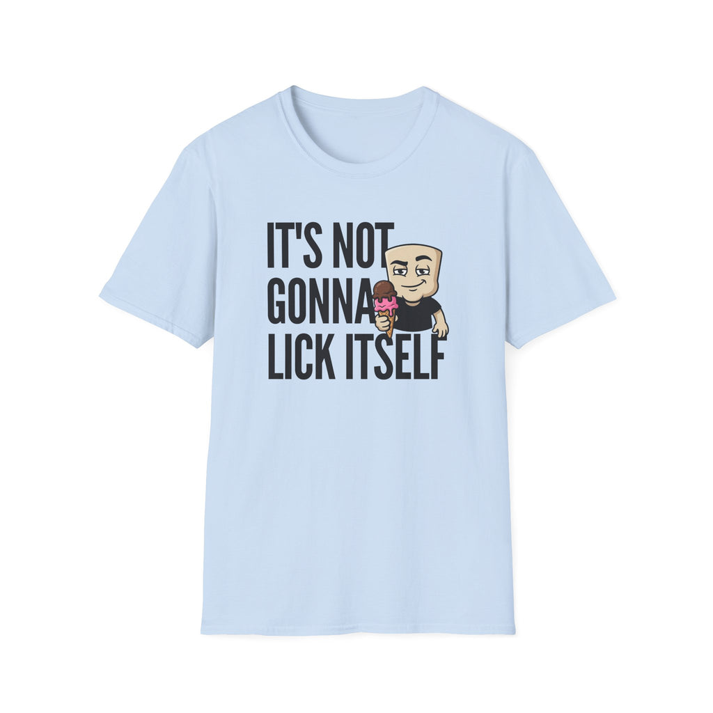 Light blue T-shirt with front printed slogan and cartoon character face.