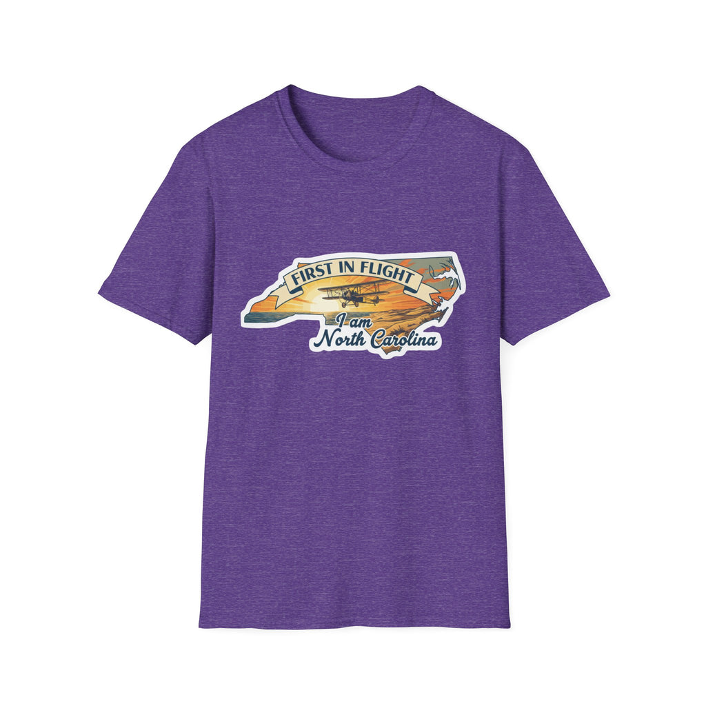 North Carolina T-shirt in Heather Purple with “First in Flight” graphic and plane