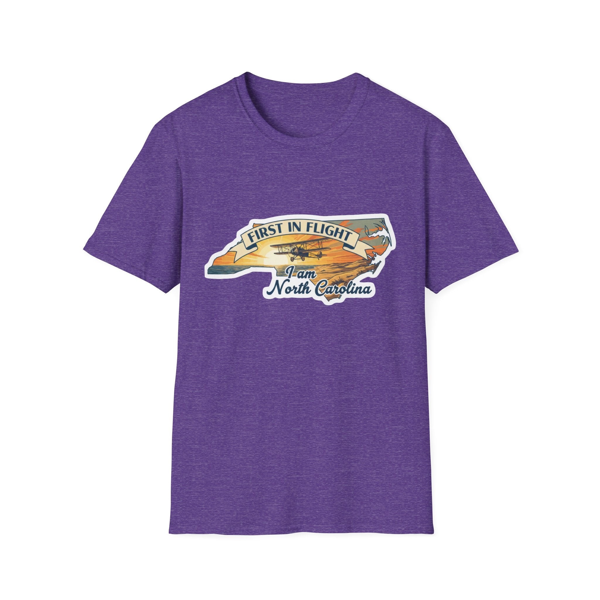 North Carolina T-shirt in Heather Purple with “First in Flight” graphic and plane