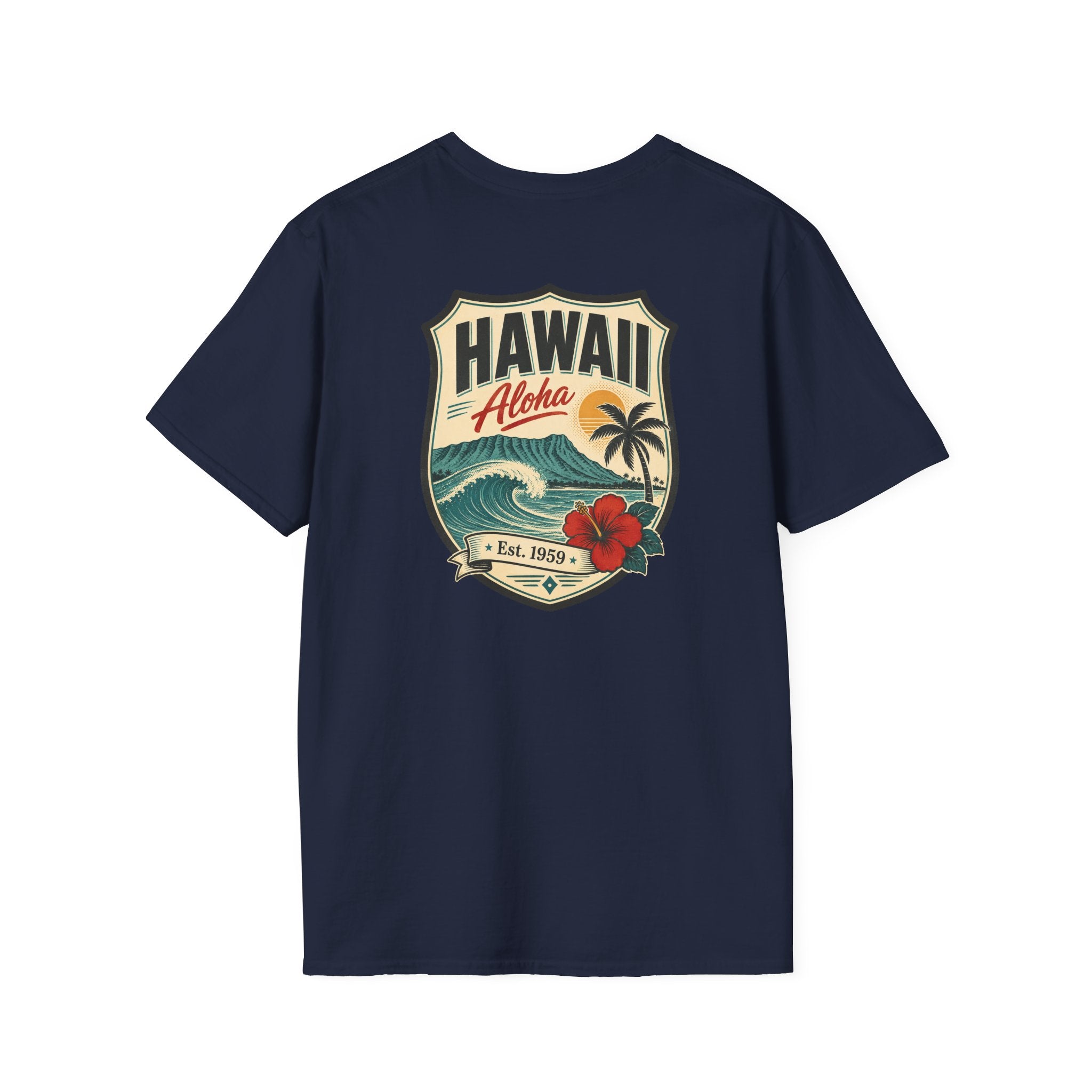 Hawaii badge graphic T-shirt, navy, short-sleeve crew neck