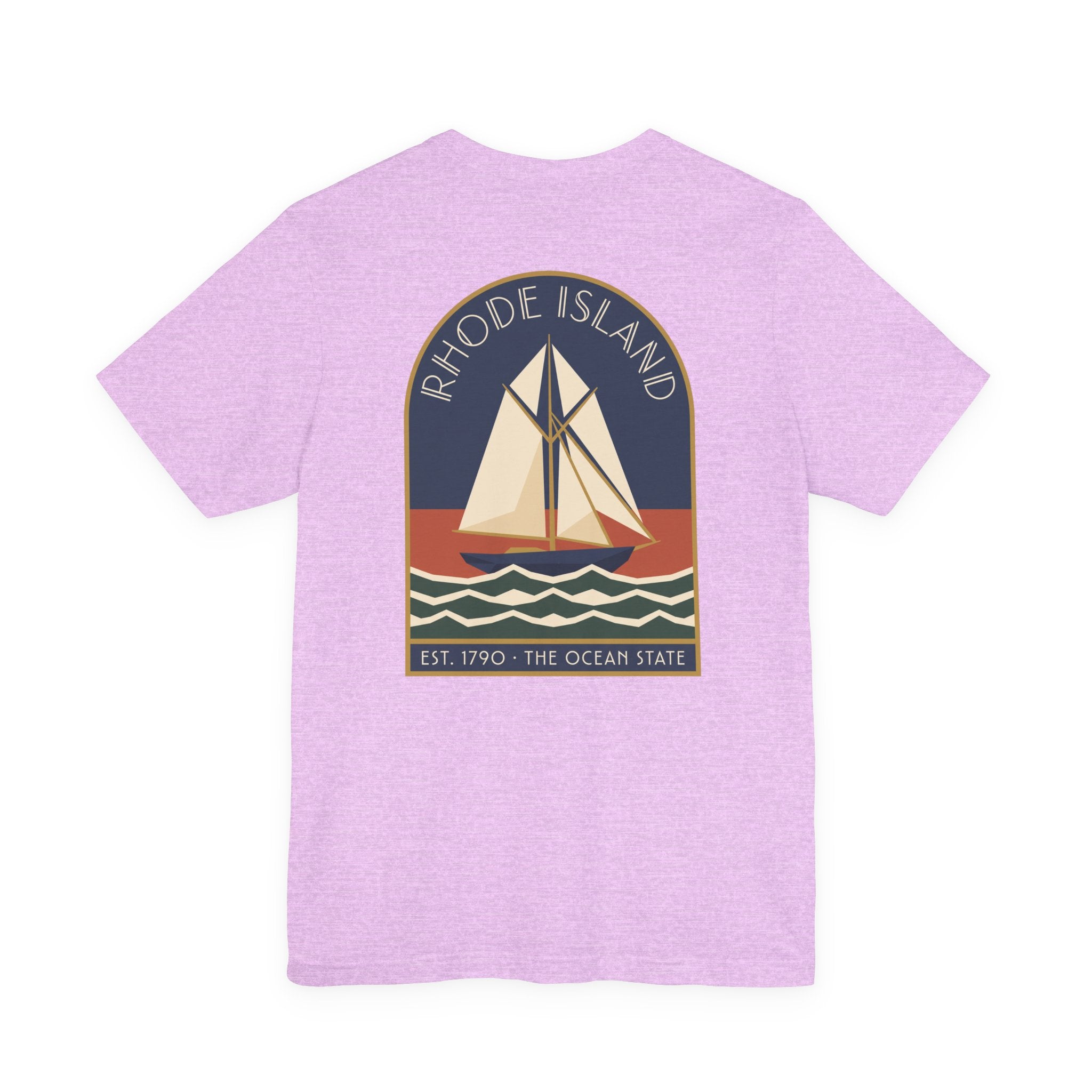 Heather mauve t-shirt with front circular sailboat graphic and “Rhode Island” text