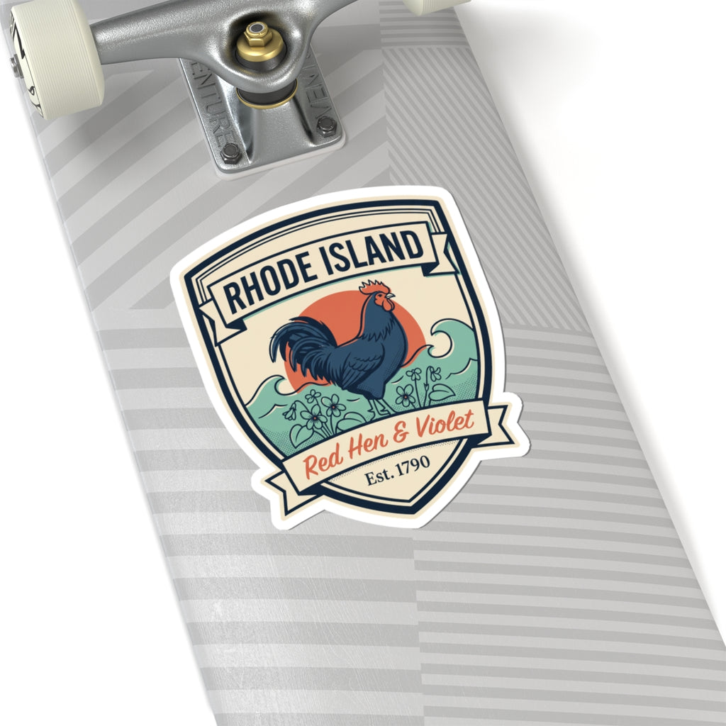 Rhode Island badge sticker on striped paper tag