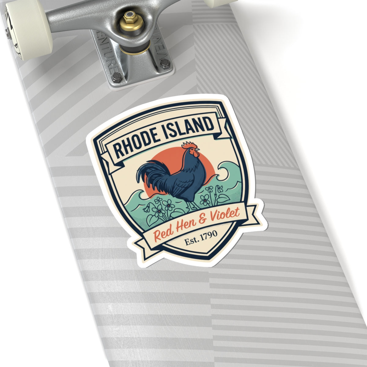 Rhode Island badge sticker on striped paper tag
