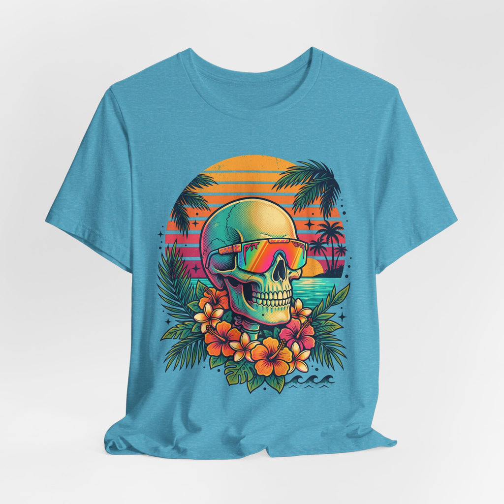 Teal T-shirt with tropical skull wearing rainbow sunglasses and hibiscus floral graphic