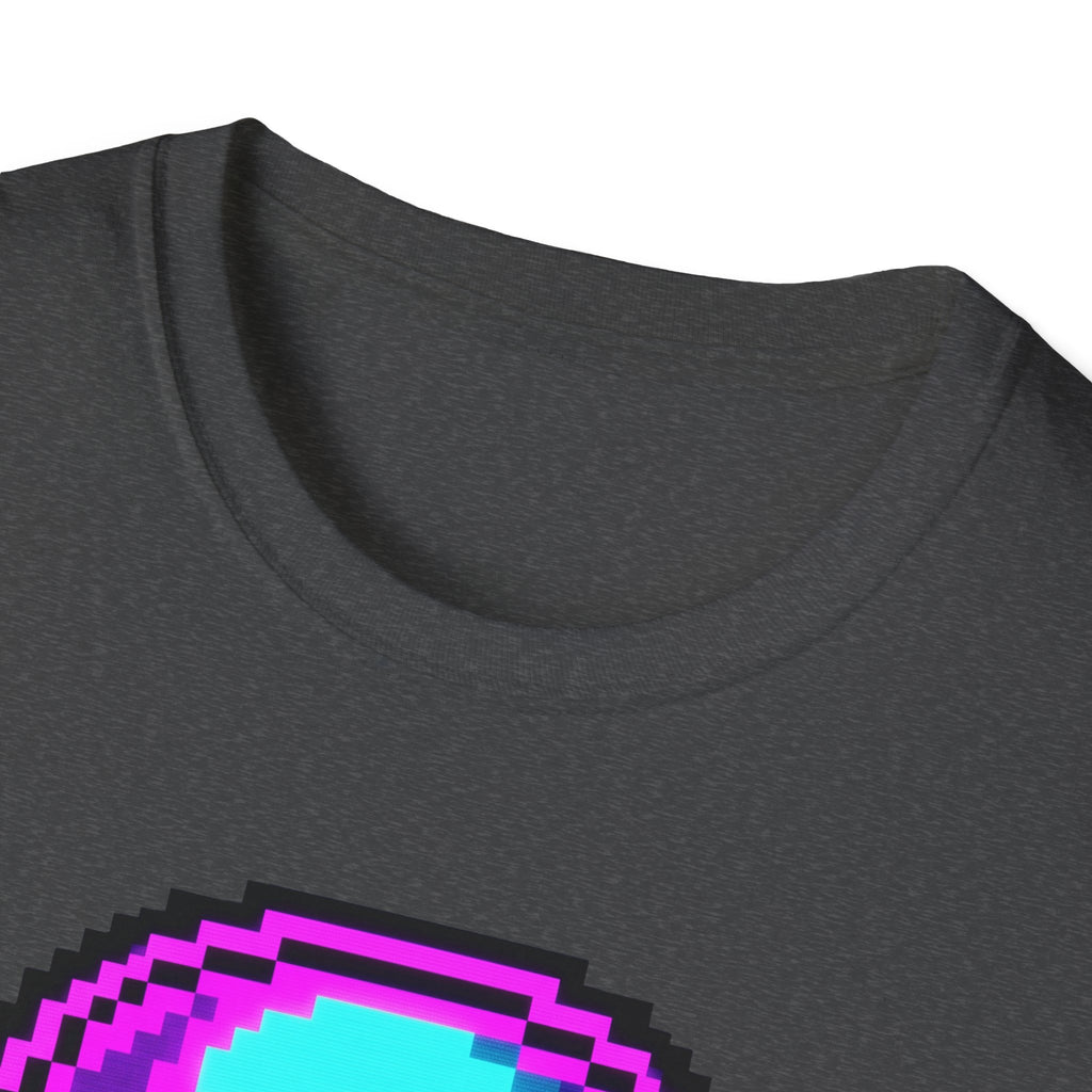 Dark heather Pixel skull Game Over t-shirt close-up of crew neck and top graphic