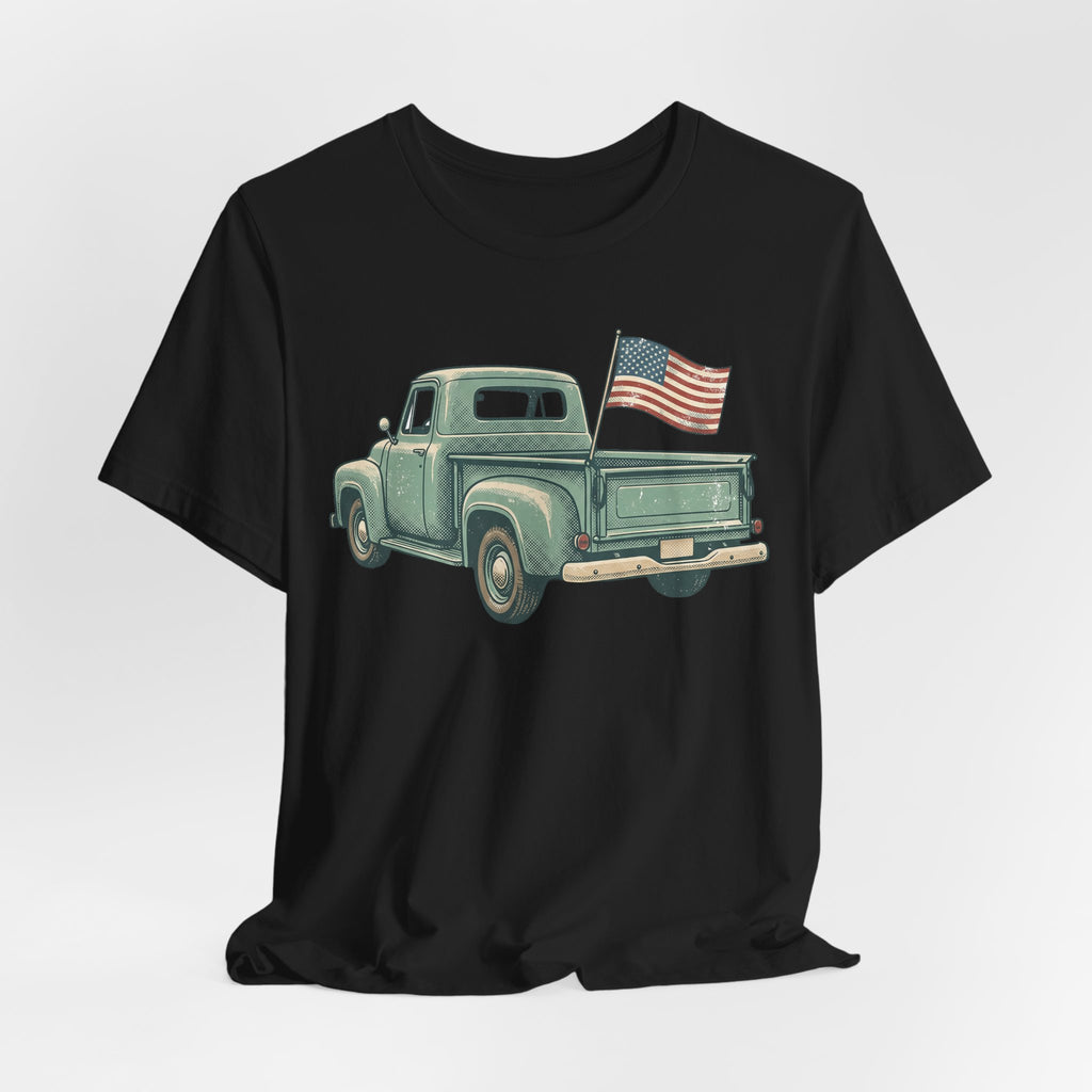 Black T-shirt with green vintage pickup truck and U.S. flag graphic on front