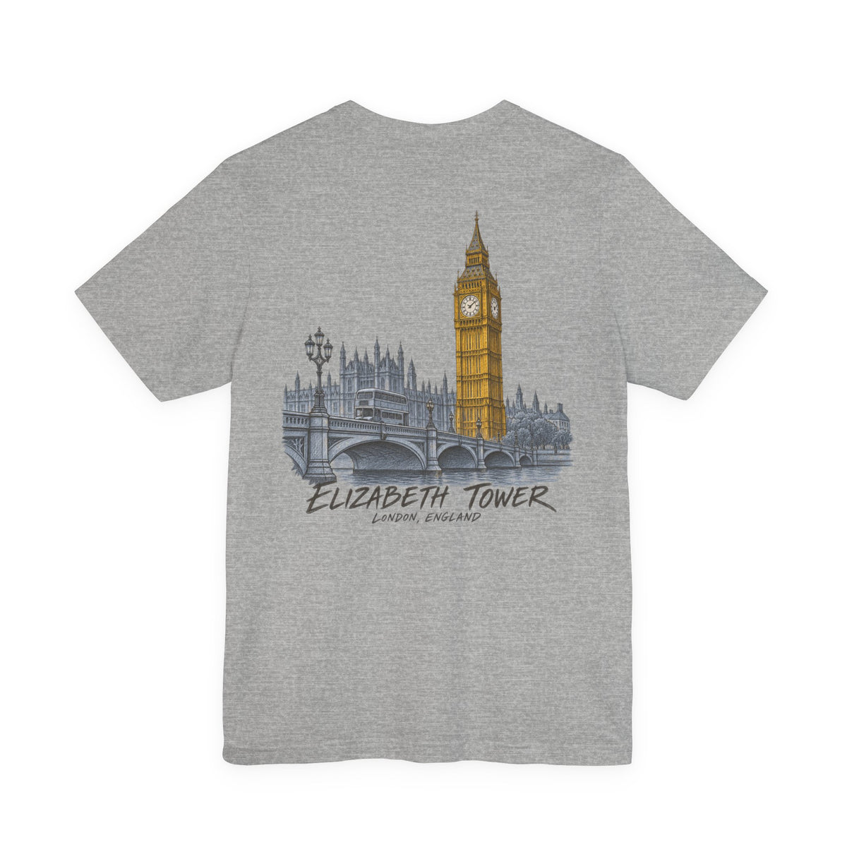 Heather gray T-shirt with large Elizabeth Tower illustration and vintage-style text graphic