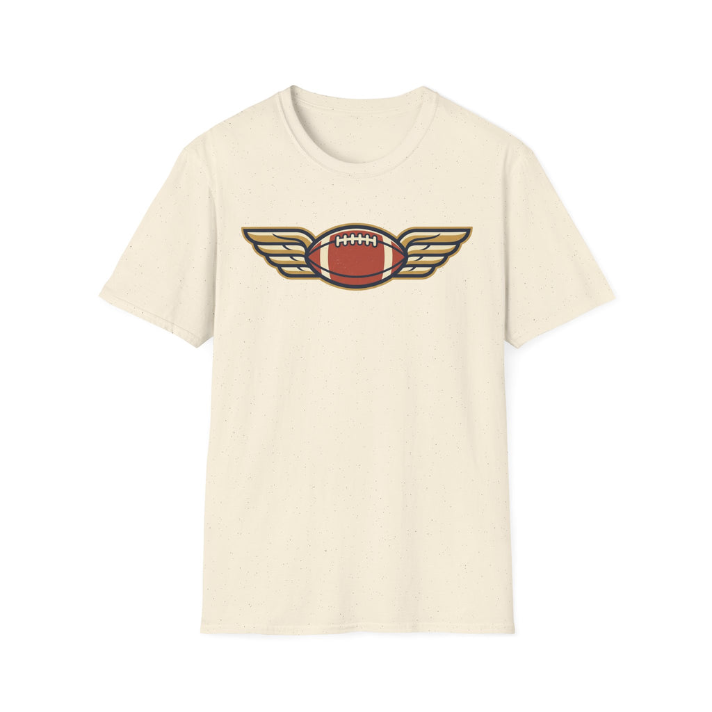 Off-white crewneck T-shirt with winged football graphic at center chest