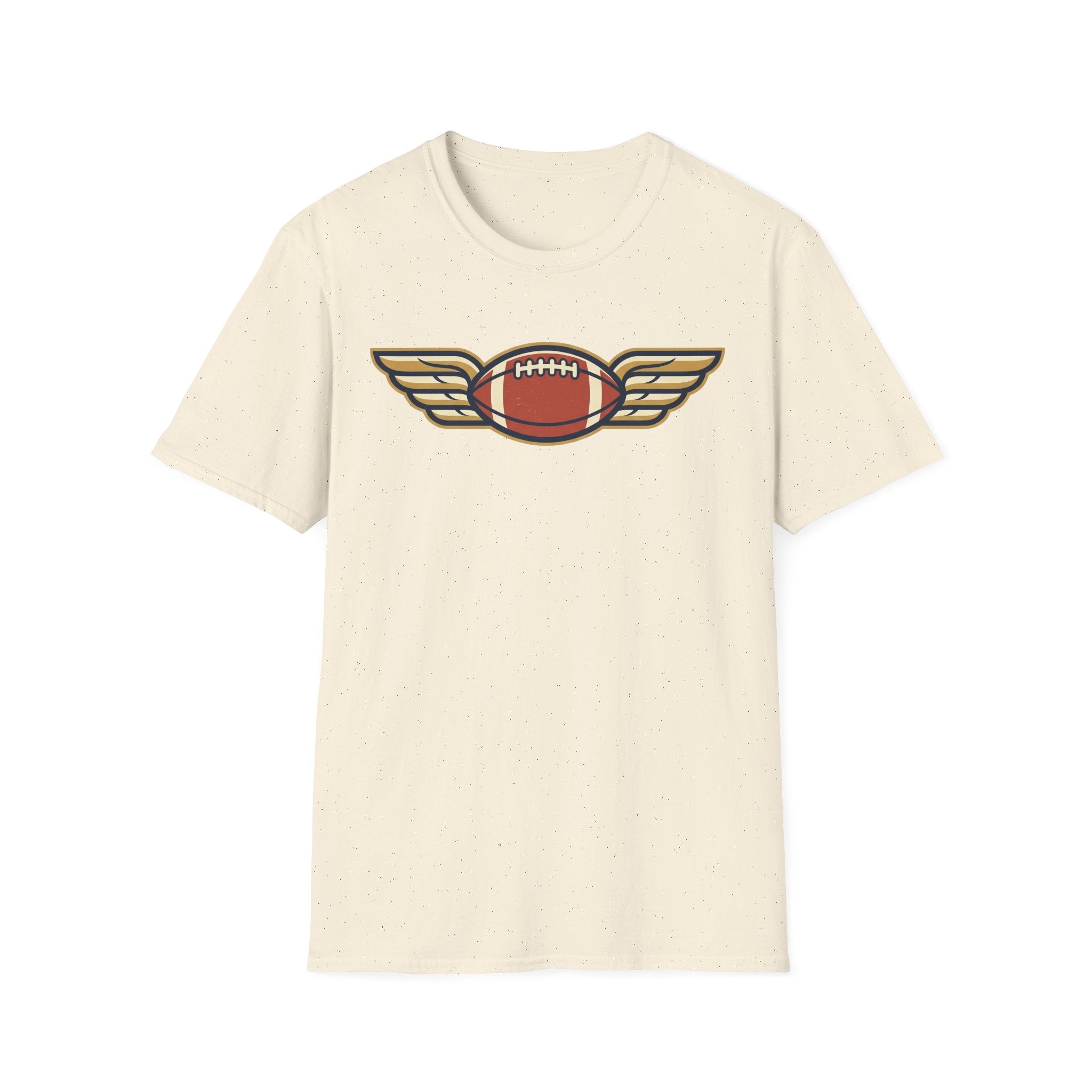 Off-white crewneck T-shirt with winged football graphic at center chest