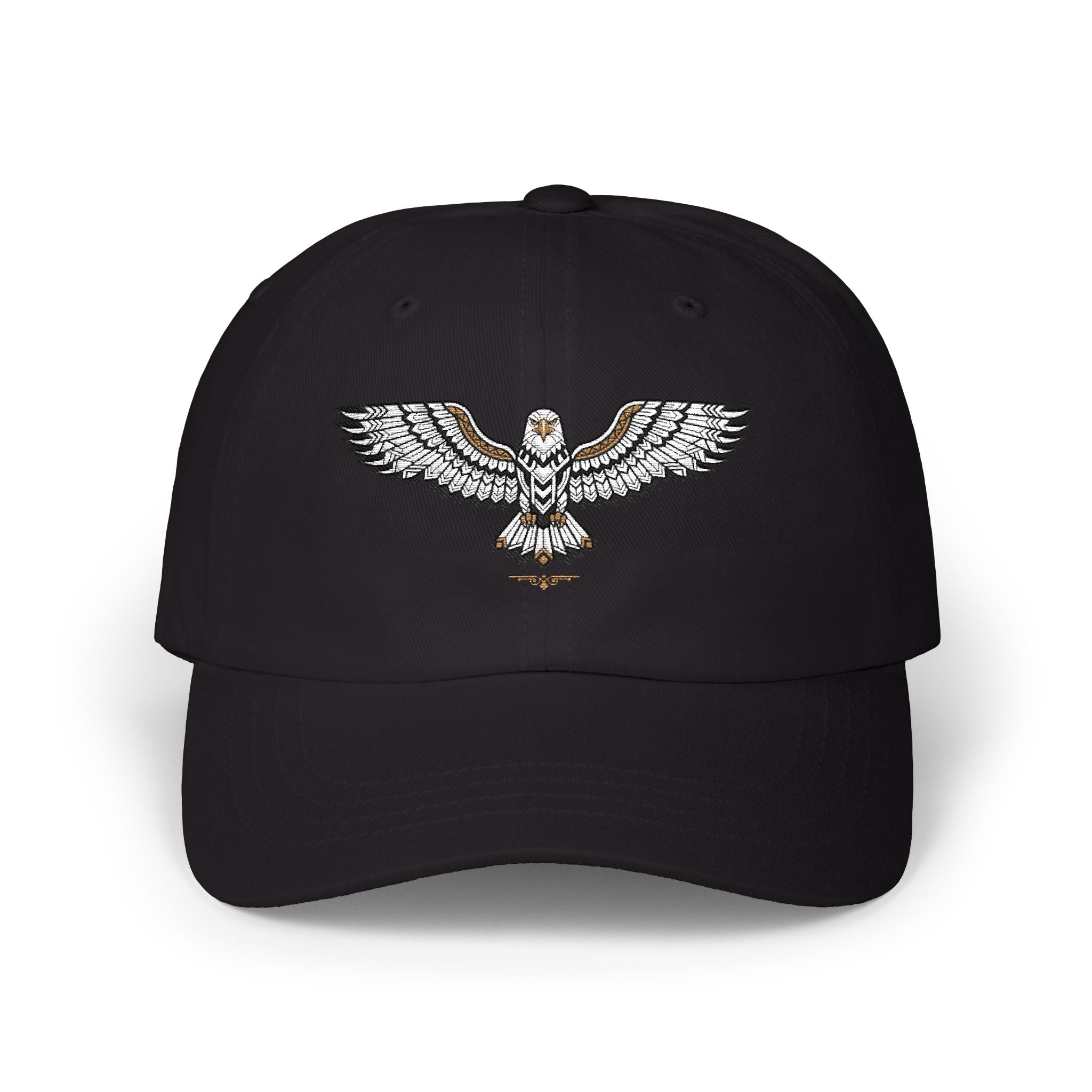Black baseball cap with embroidered eagle emblem on the front