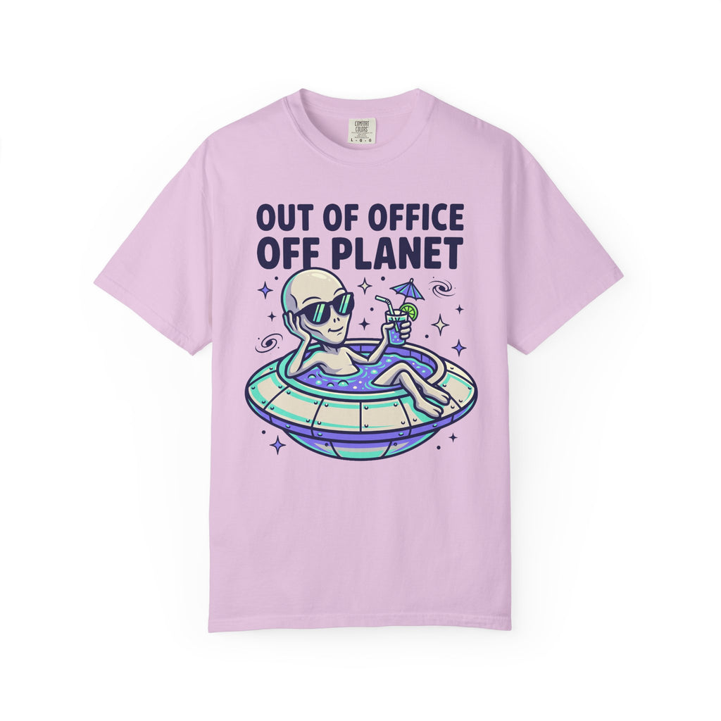 Lavender alien graphic T-shirt with floatie and 'OUT OF OFFICE OFF PLANET' text