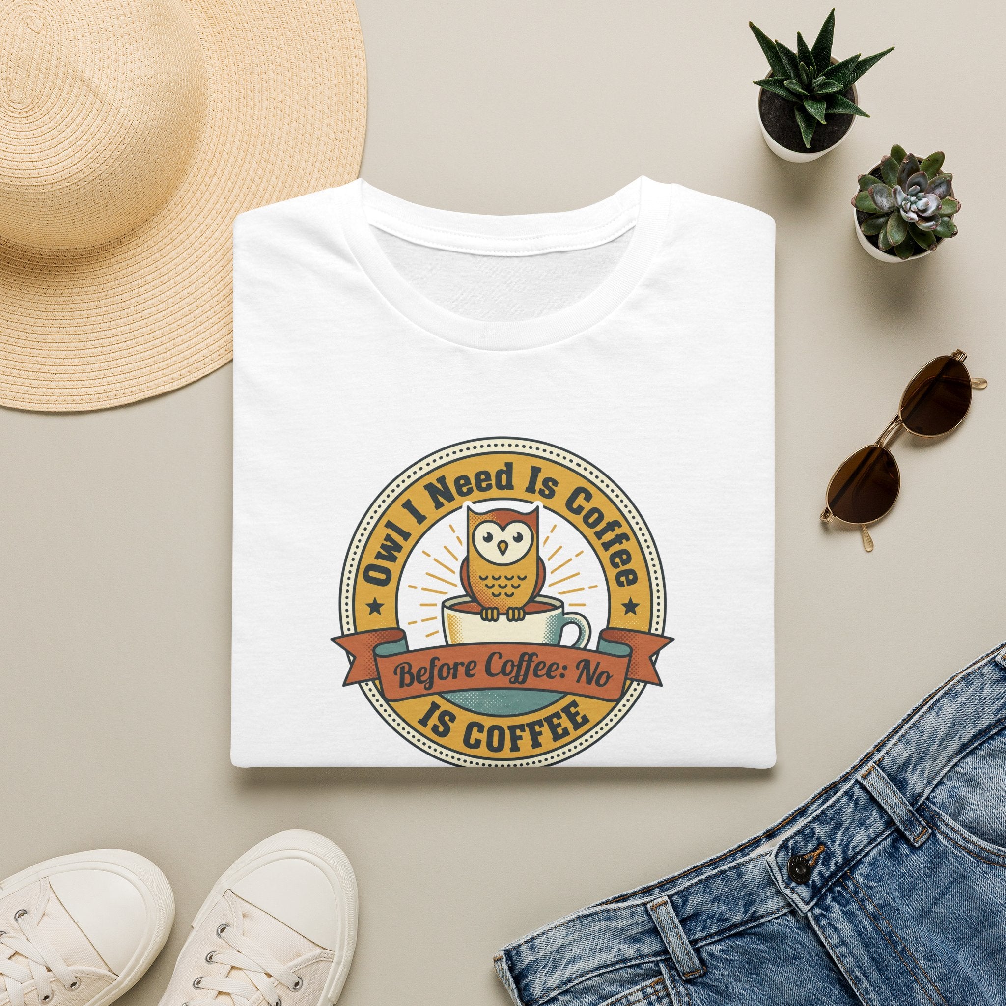 White T-shirt with circular owl coffee graphic on front