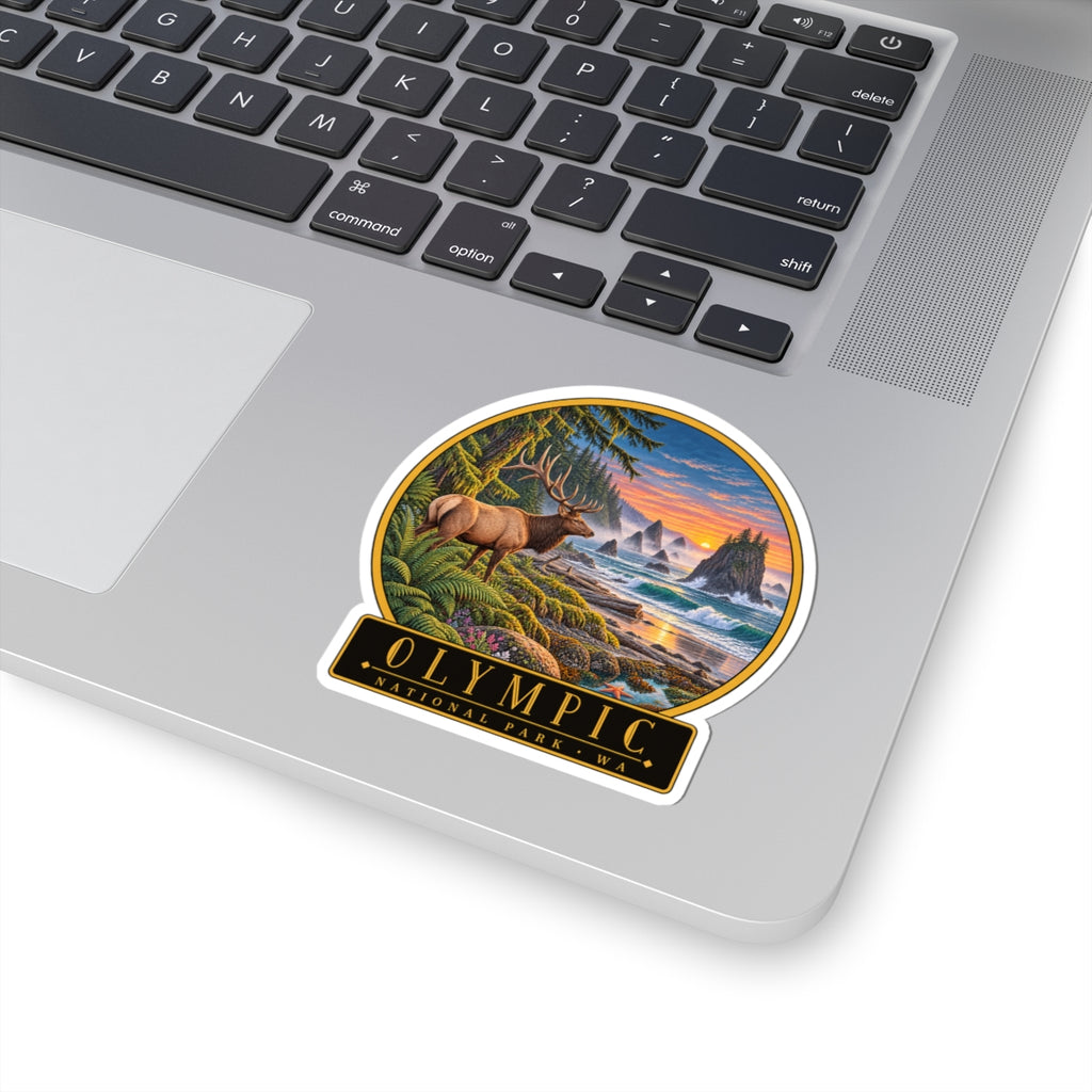 Small round elk-and-ocean sunset sticker reading Olympic National Park WA, kiss-cut