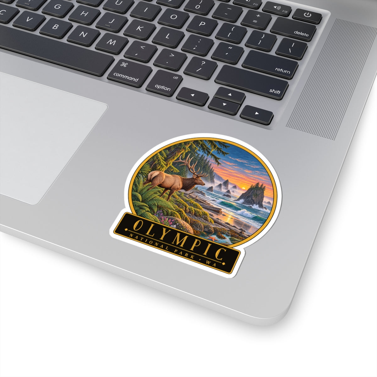 Small round elk-and-ocean sunset sticker reading Olympic National Park WA, kiss-cut
