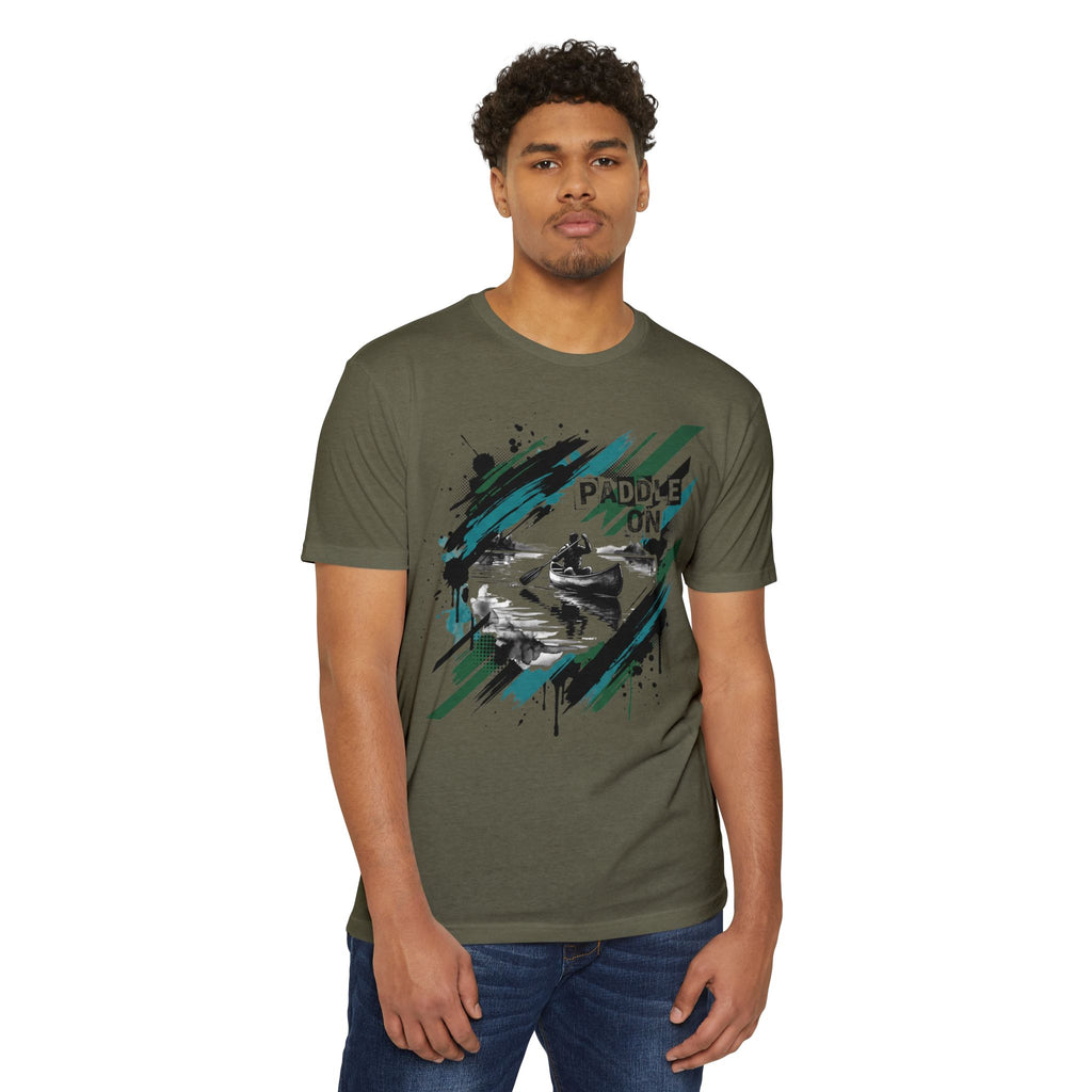 Olive crewneck T-shirt with kayak paddle graphic and 'PADDLE ON' text front.