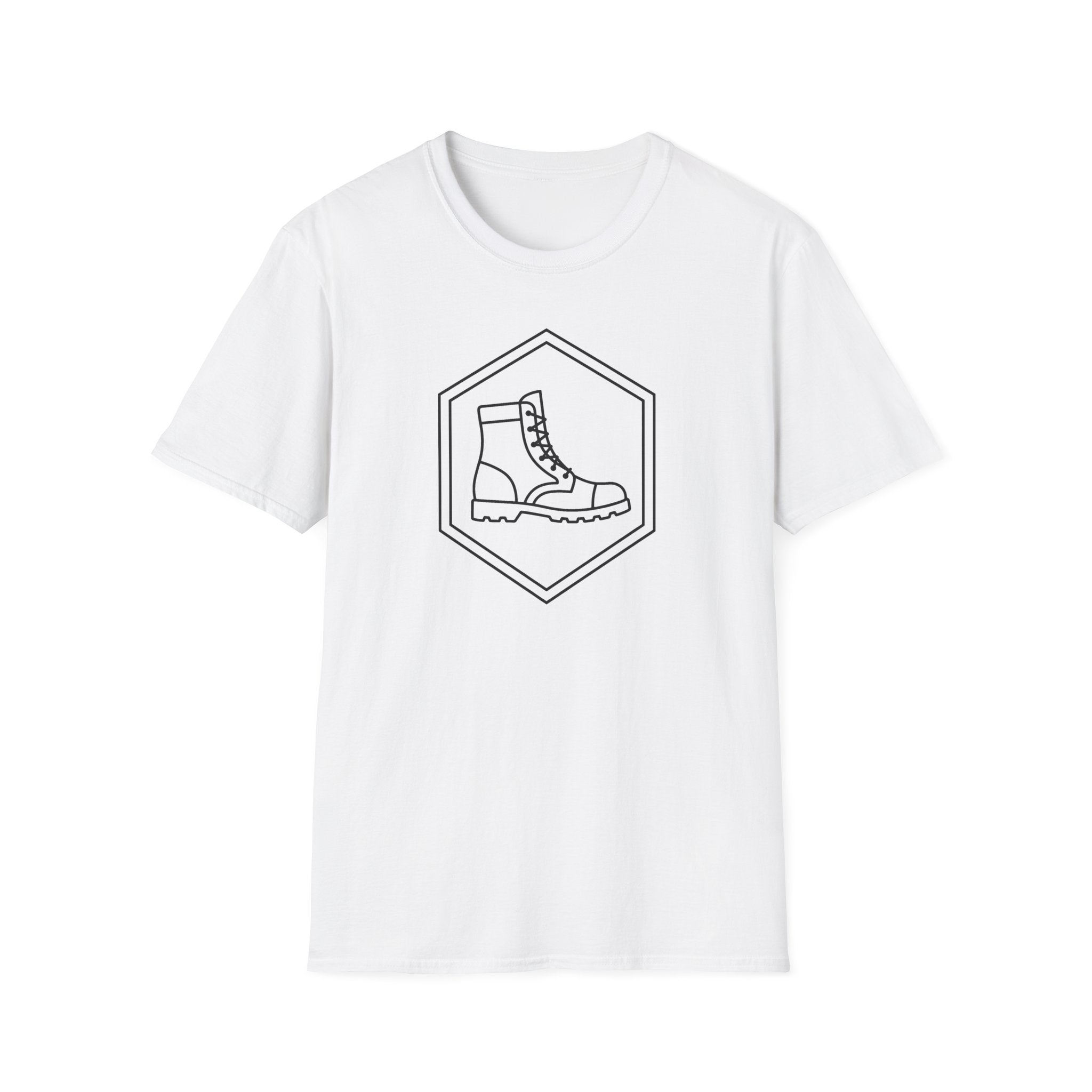 White T-shirt with a diamond emblem featuring a boot illustration on the front.
