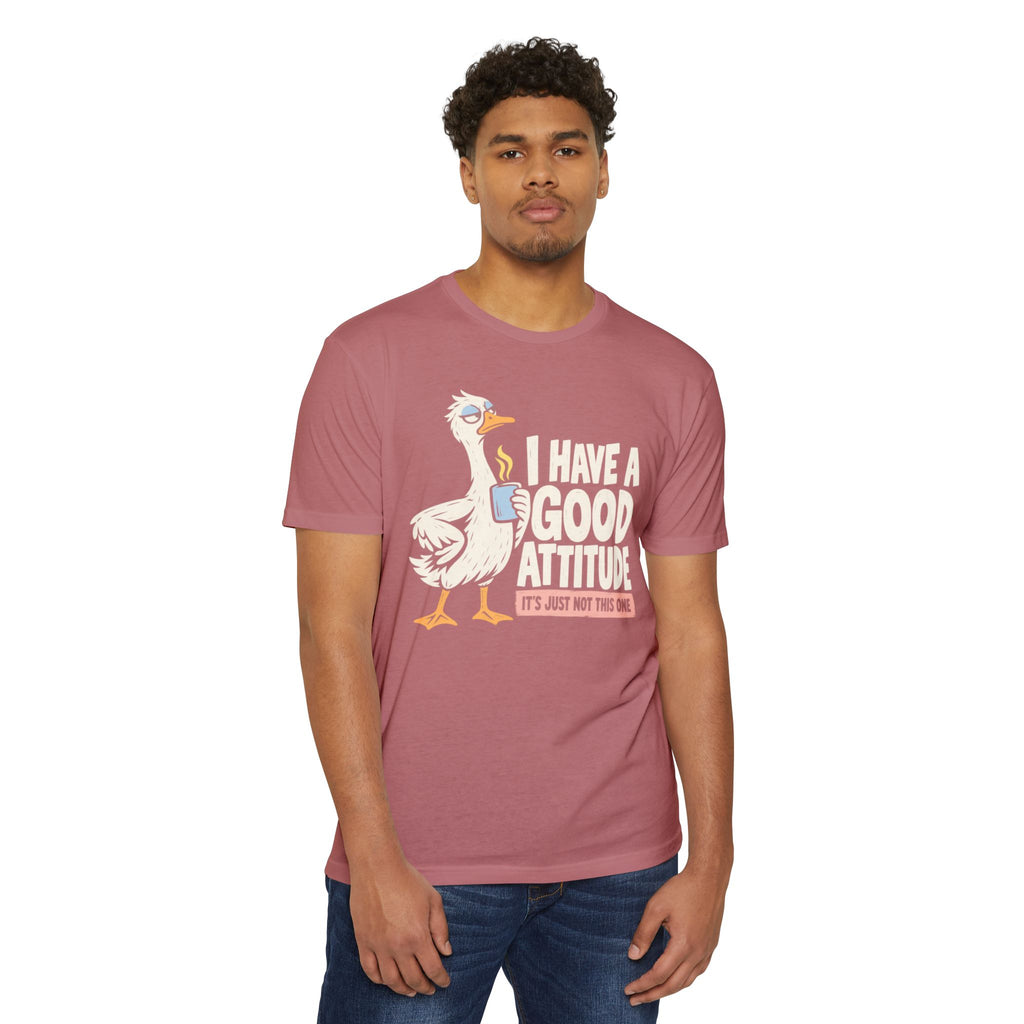 Dusty rose crew-neck T-shirt with rooster graphic and attitude quote text