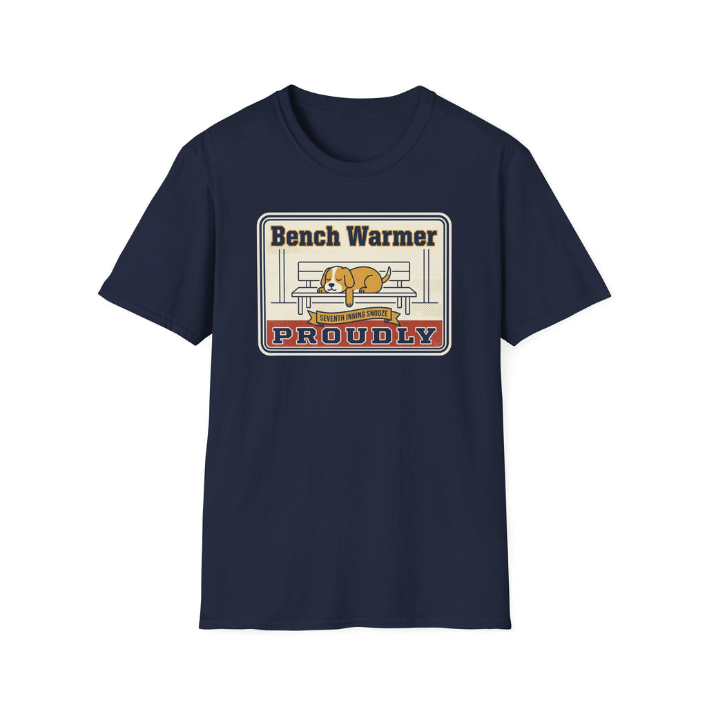 Navy T-shirt with “Bench Warmer Proudly” dog-on-bench graphic on front