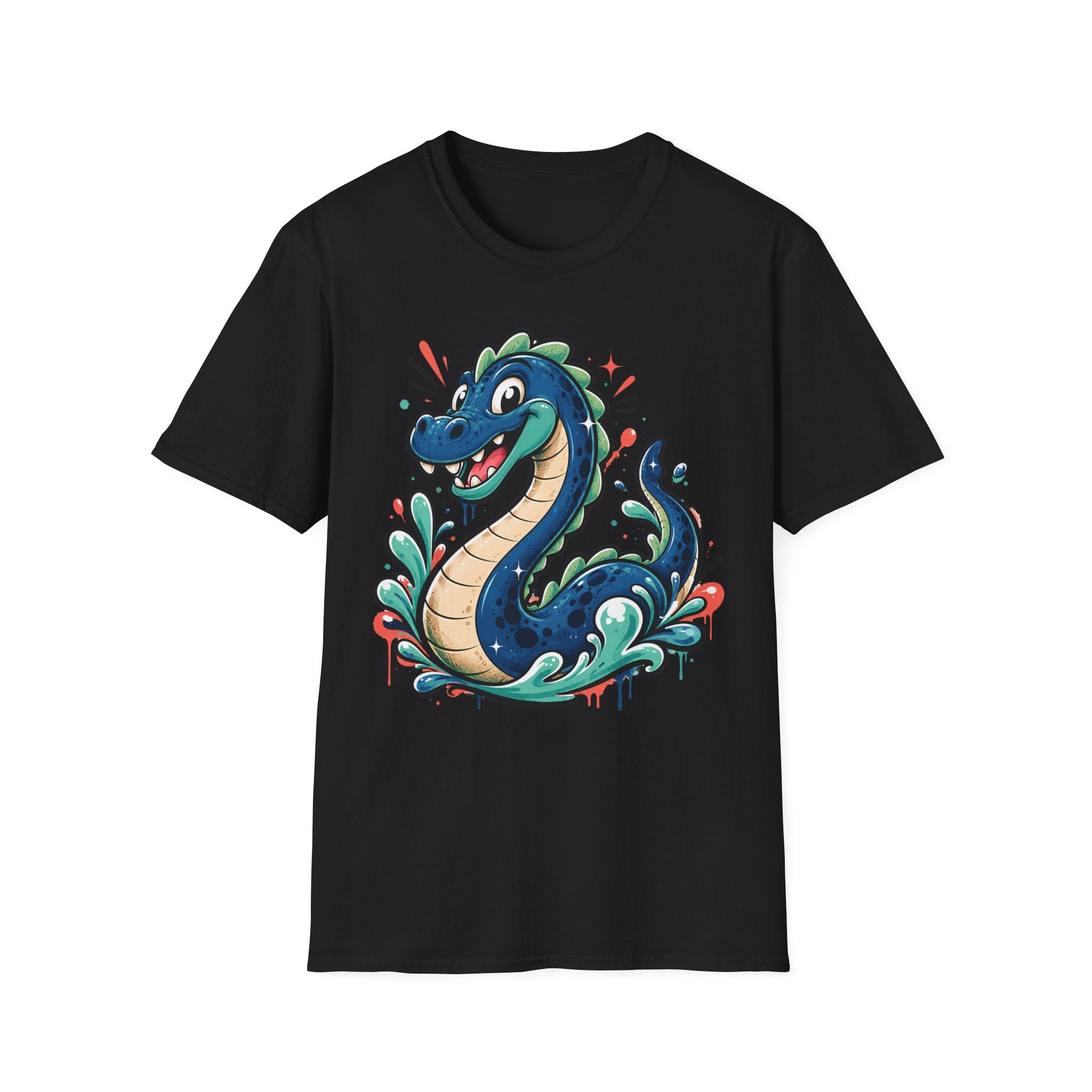 Black sea serpent graphic tee featuring a smiling cartoon lake monster front print