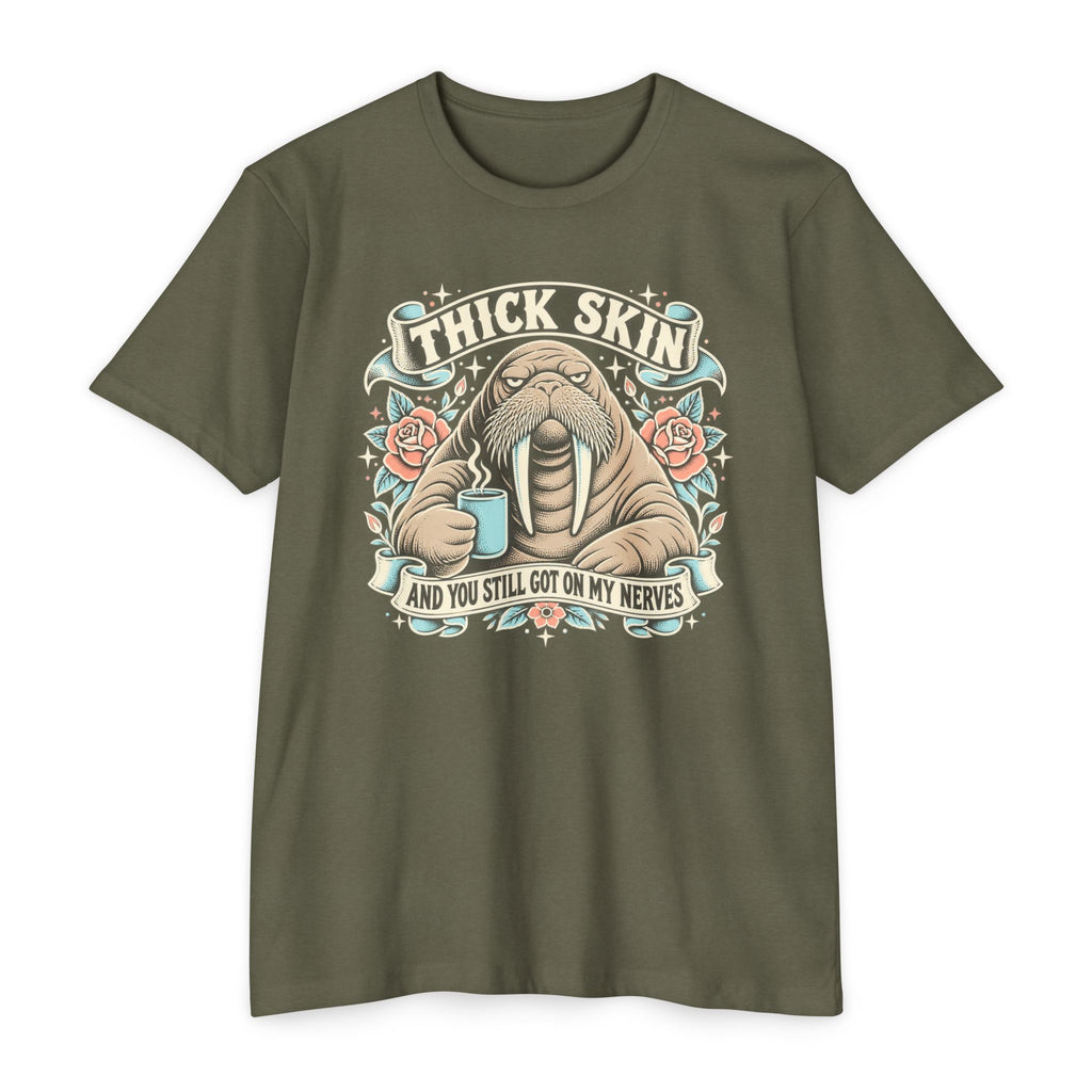 Walrus graphic t-shirt in olive green with front chest logo and banner text